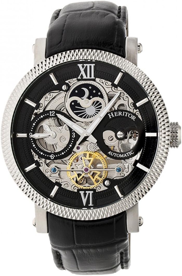 HERITOR Aries Automatic Watch for Men – 43mm Men's Skeleton Watch with Jeweled Automatic Movement, Moon Phase, Dual Time Zone, Stainless Steel Bracelet, Sapphire-Coated Mineral Crystal (HERHR4401)