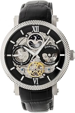 HERITOR Aries Automatic Watch for Men 43mm Mens Skeleton Watch with Jeweled Automatic Movement, Moon Phase, Dual Time Zone, Stainless Steel Bracelet, Sapphire-Coated Mineral Crystal HERHR4401