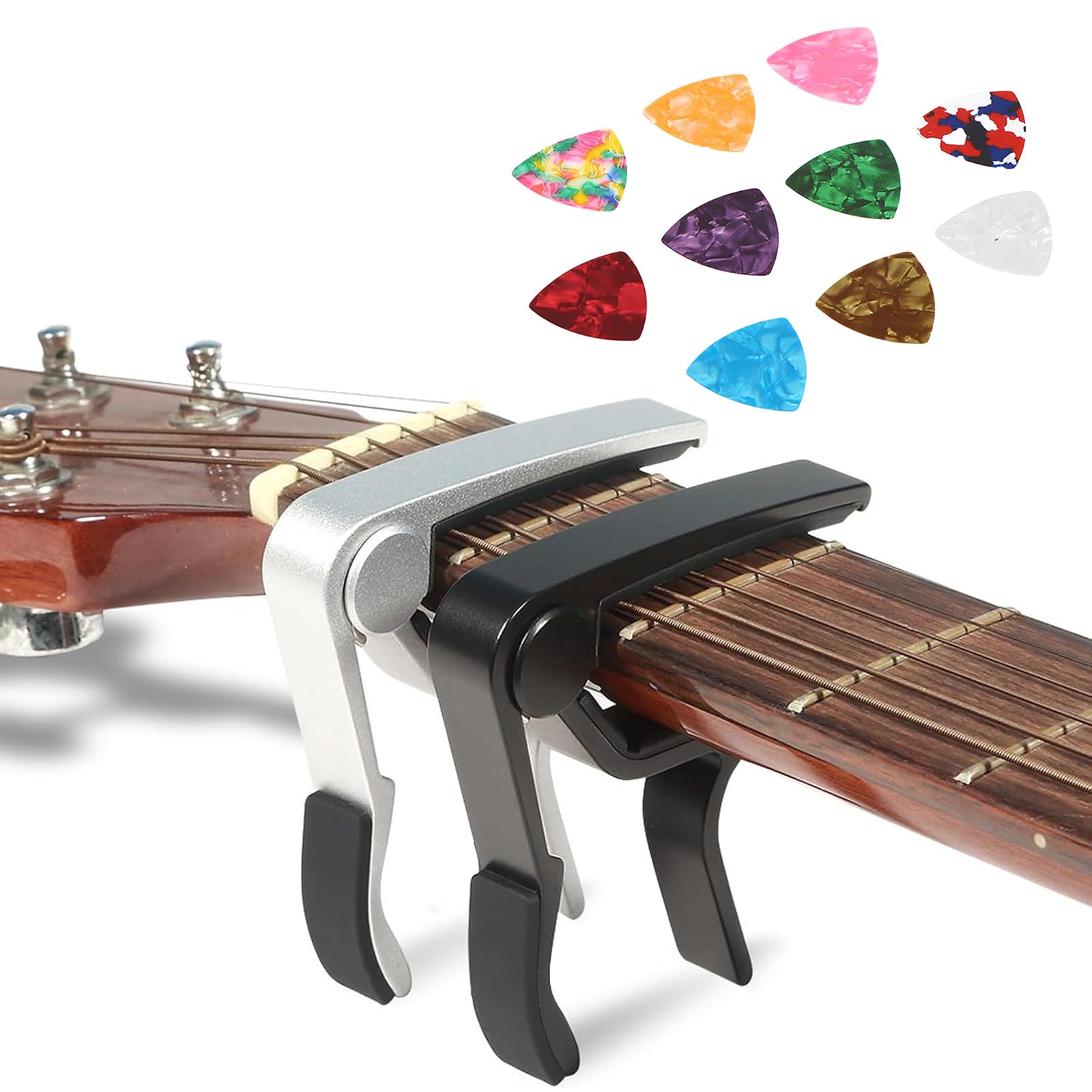 Lot de 2 capodastres de guitare + 10 médiators pour guitare acoustique/guitare électrique/ukulélé - Capodastre en métal noir et argenté - Fermeture rapide