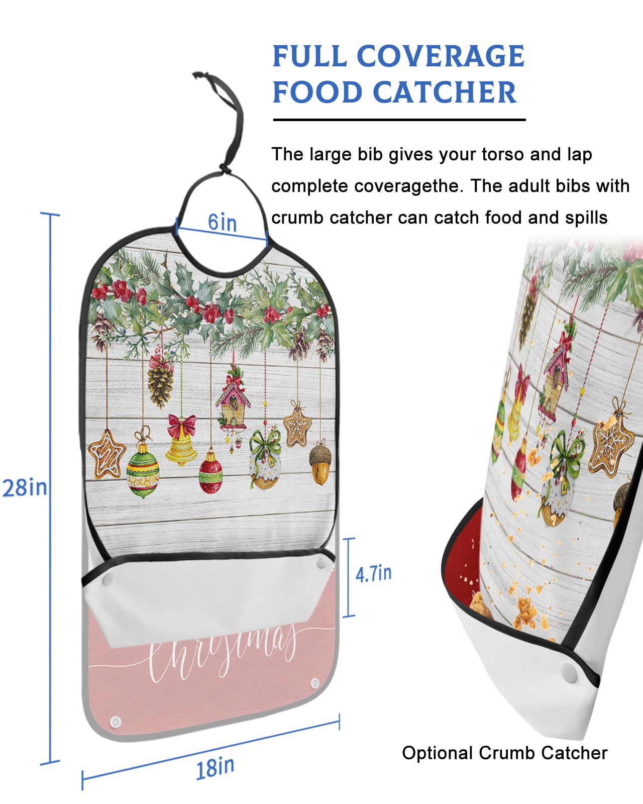 Jolunifun Christmas Adult Bib for Adults Men, Women, Washable & Adjustable Terry Cloth Bib with Crumb Catcher Reusable Waterproof Clothing Clothes Protector Apron Farmhouse Wood Grain Pine Tree Berry