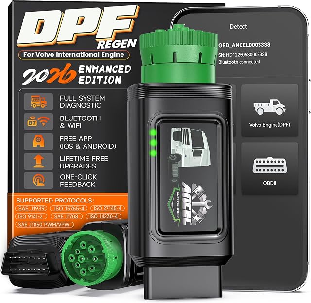 ANCEL HD120 Scanner de camion lourd avec DPF Régenre & Regen stationné pour Volvo & internationaux relatifs MaxxForce Moteurs, Bluetooth Système complet HDOBD/OBD2 Scanner diesel, mises à jour à vie