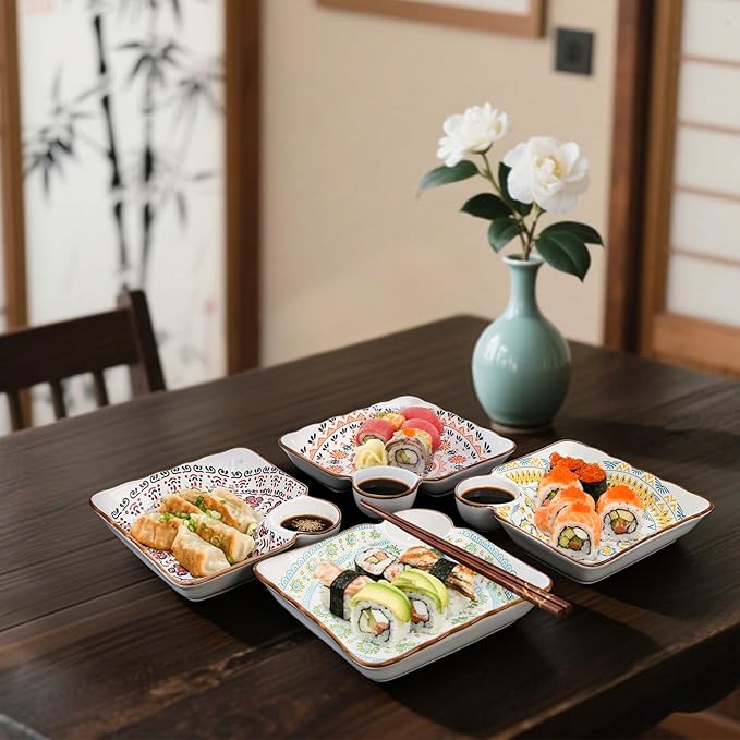 Pumtus Pack 4 Platos Cerámicos Cuadrados con Salsera 7.3in miniatura 6