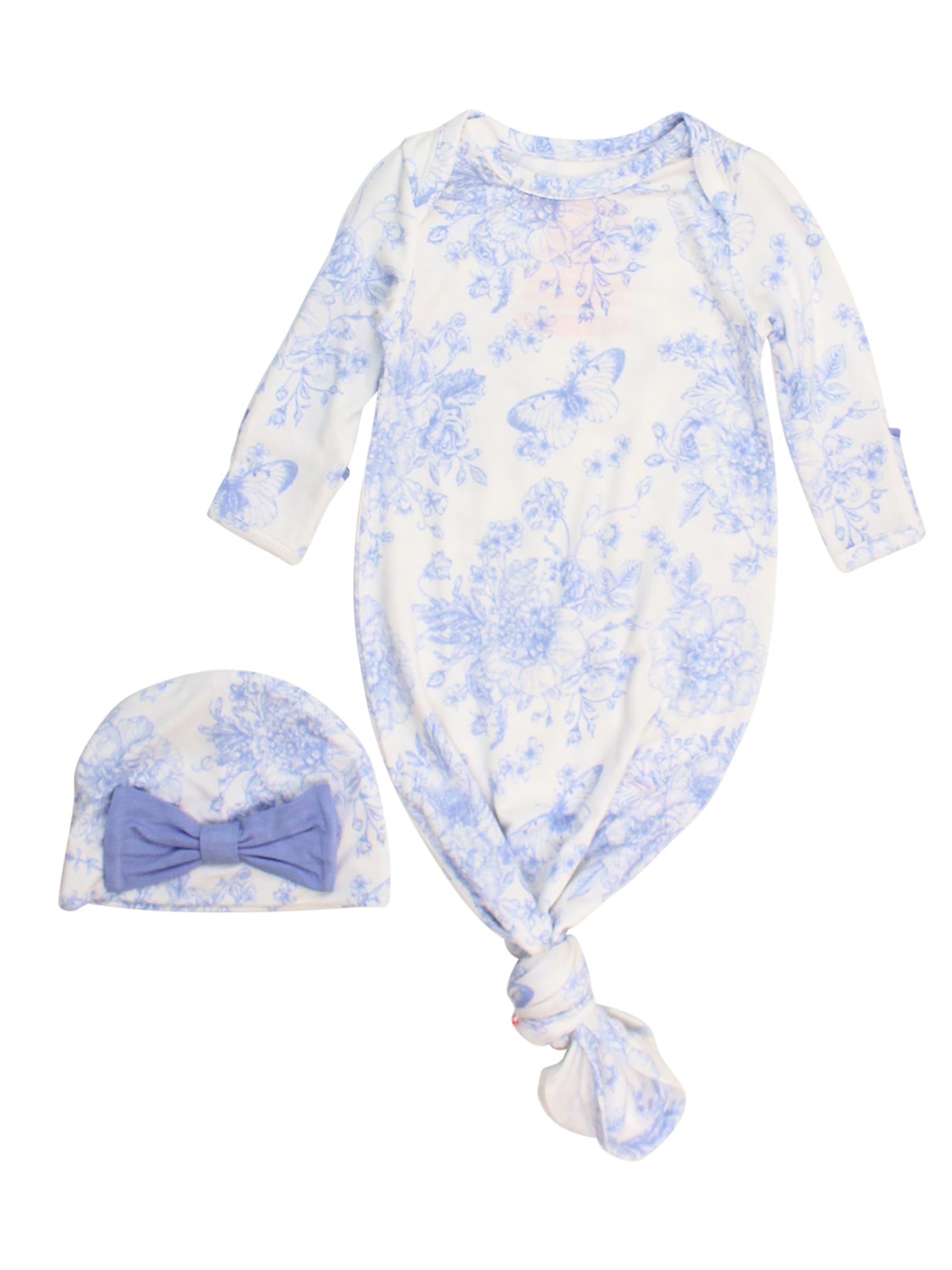 RuffleButts Newborn Baby Girls Ruffle Knotted Sleep Gown & Hat Set - Periwinkle Blue Butterfly Garden Toile, Newborn-3m