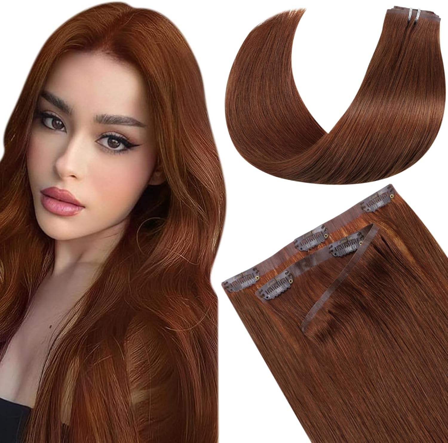 LaaVoo Extension Capelli Veri Clip 7 Pezzi 100g 40cm, PU Invisibile Senza Cucitura, Rosso Marrone #33, Aggiunge Volume e Lunghezza per Donne