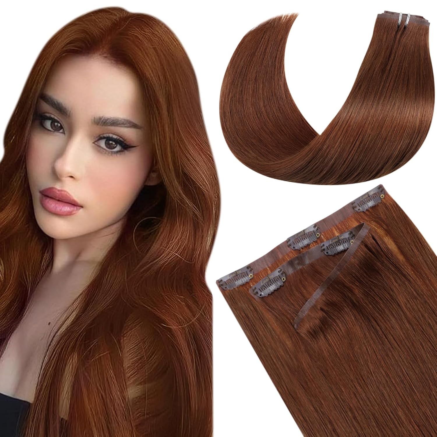 LaaVoo Auburn Real Hair Clip-In Extensions, 45 cm, Double Wefts, Auburn Invisible Seamless, 7 Pieces, 100 g, #33