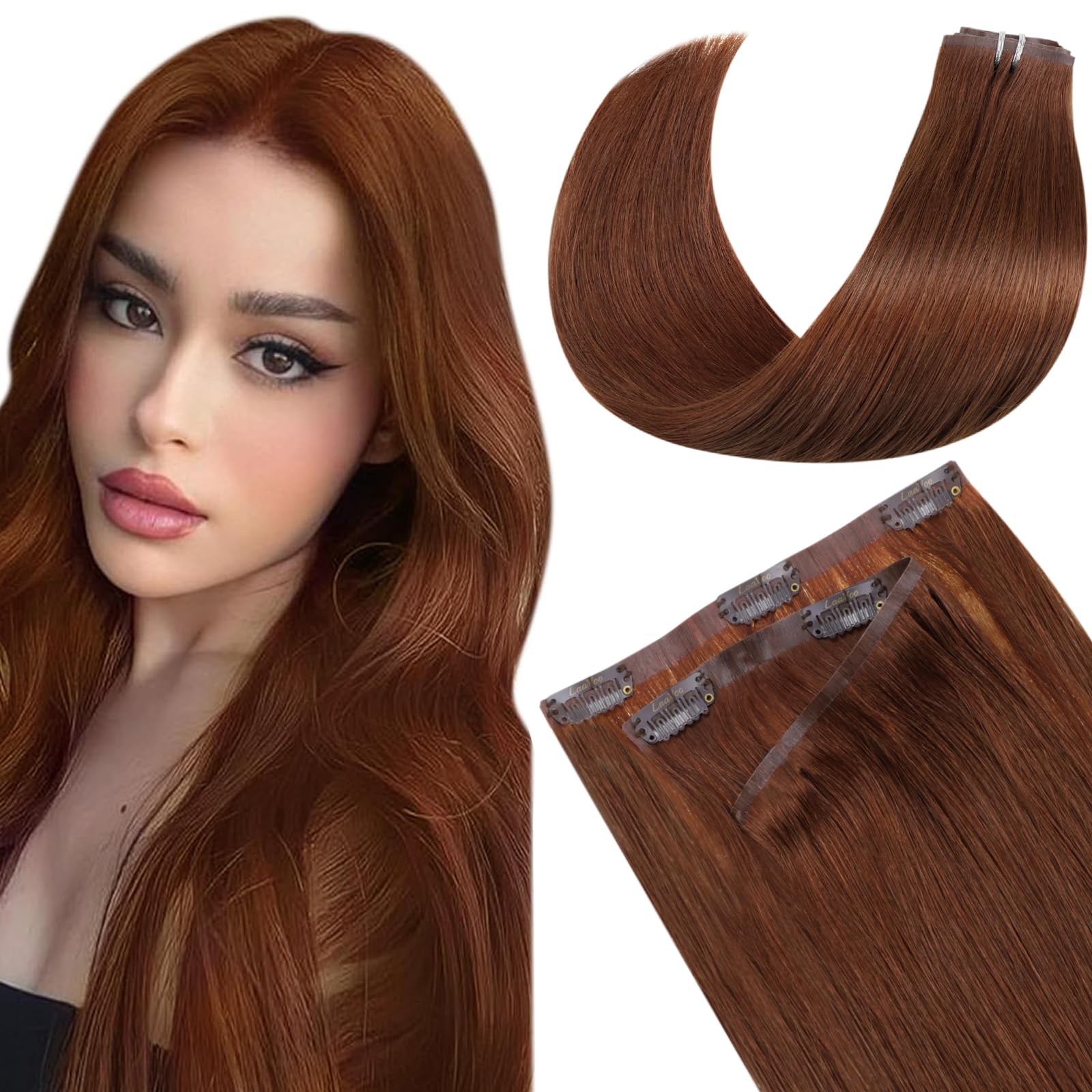 LaaVoo Seamless Clip in Hair Extensions Human Hair Auburn Brown Seamless Hair Extensions Clip ins Auburn Invisible Seamless Clip in Human Hair