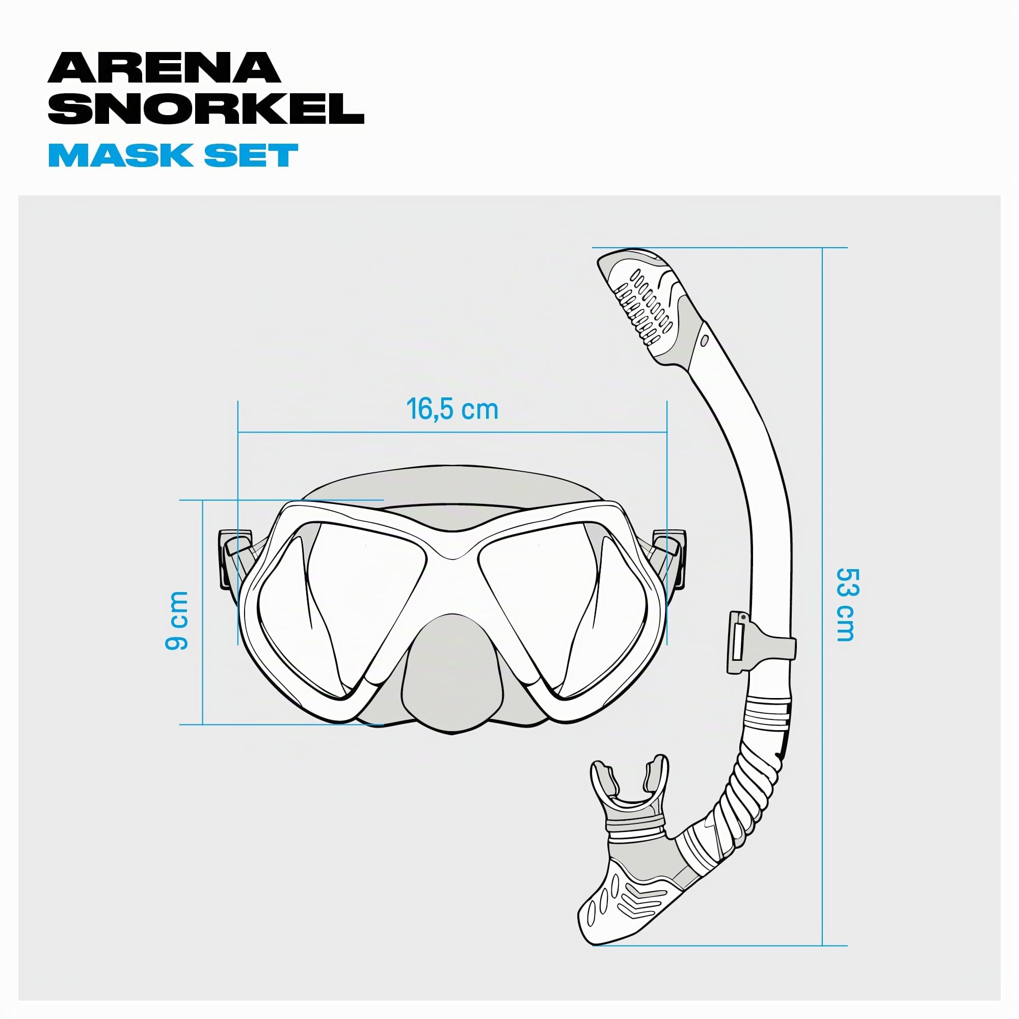 Arena Ensemble Masque et Tuba pour Adultes, Masque Snorkeling Unisexe pour la Mer, Tuba Snorkeling avec Technologie Anti-Infiltration, Tube Flexible avec Soupape de Purge, Silicone Hypoallergénique