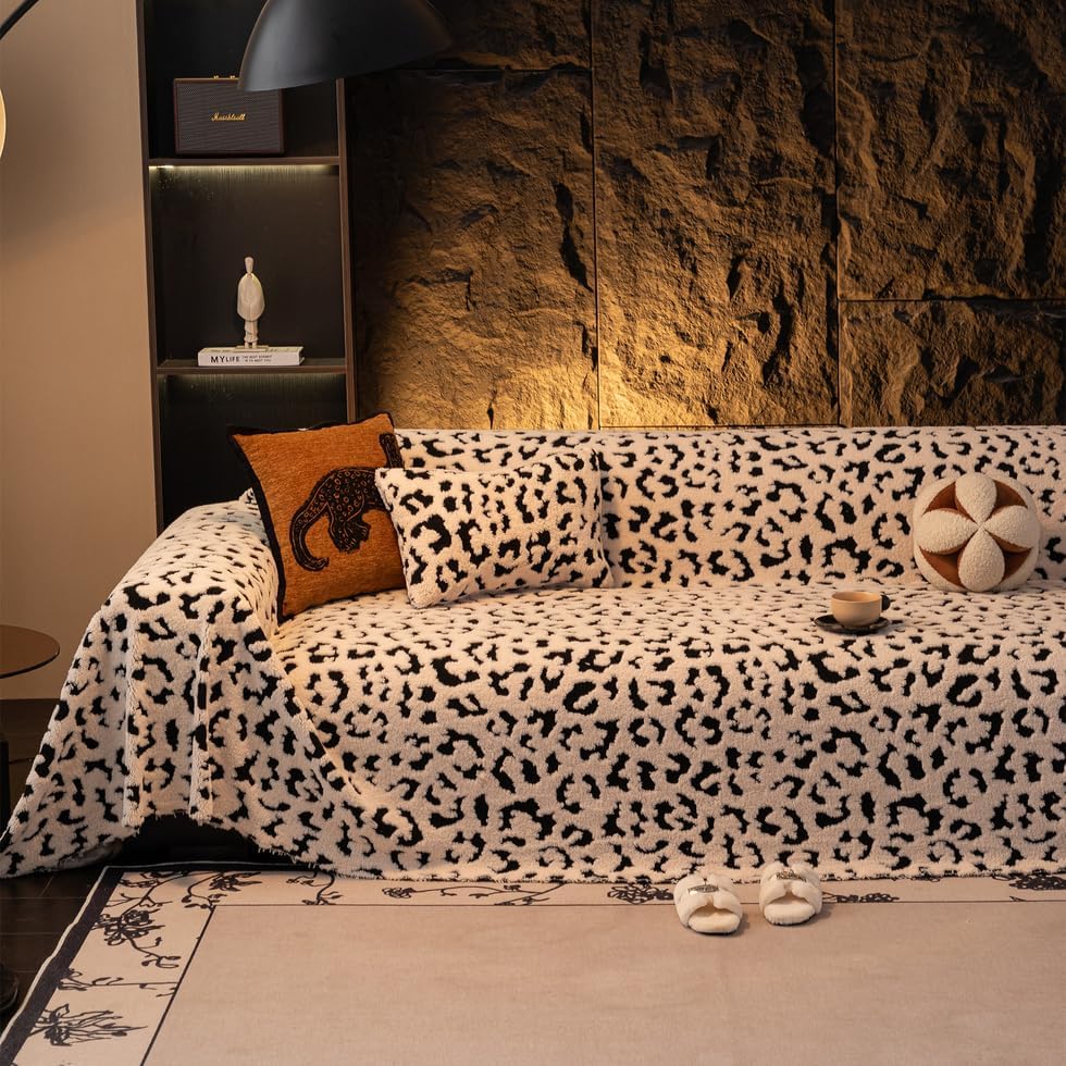 ROOMLIFE Leopard Print Faux Fur Sofa Cover for 3-Cushion Couch, Washable Furniture Protector, Fluffy Slipcover for Dogs Pets, Ultra Soft Universal Couch Cover, Couch Throw Blankets 71"x150"