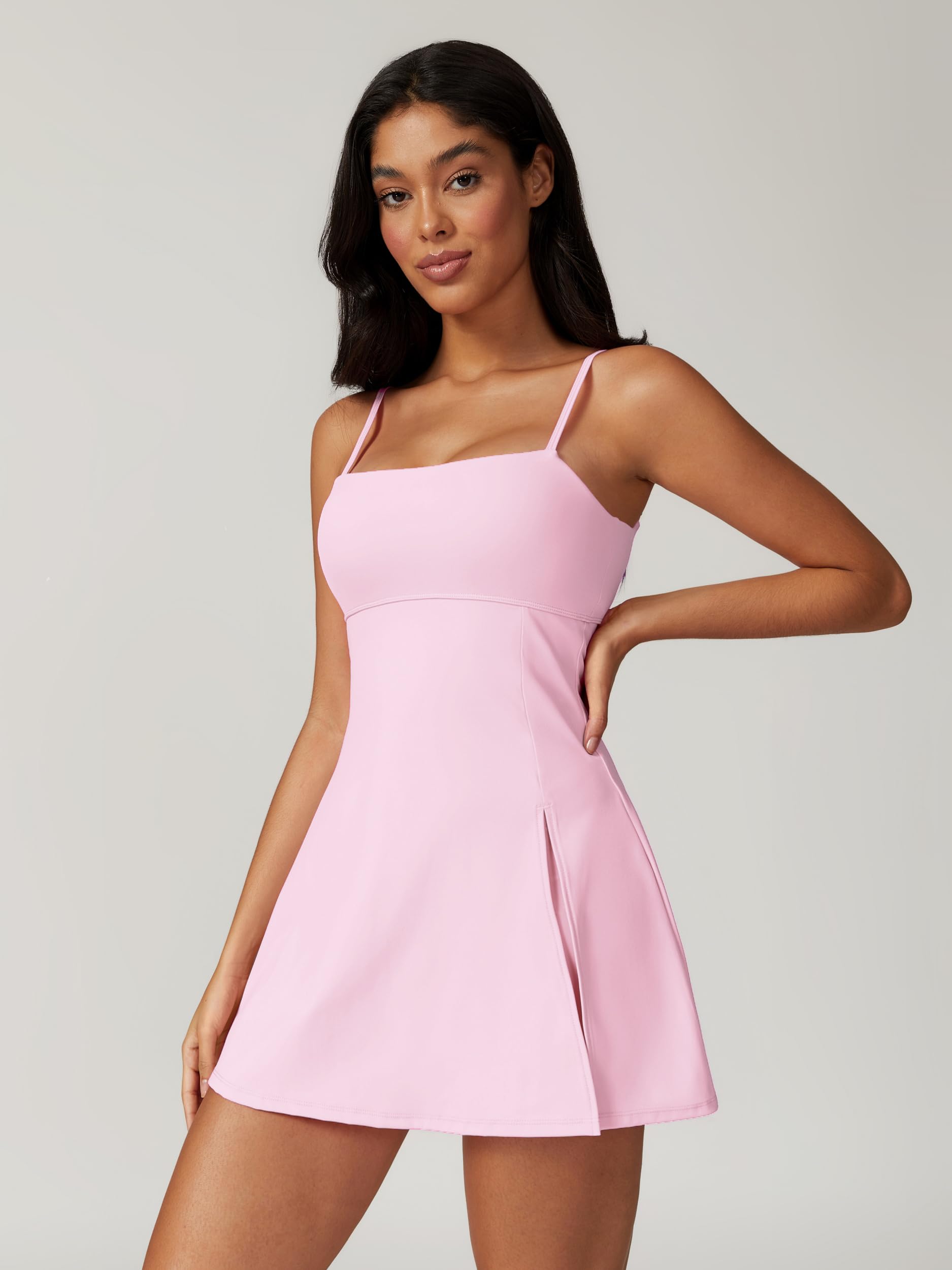 ABOCIW Damen-Tenniskleid mit quadratischem Ausschnitt und Shorts, Spaghettiträger, rückenfrei, Workout, Seitenschlitz, athletisches Golfkleid