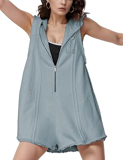 Womens Sleeveless Rompers Athletic Workout Hooded Jumpsuit Overalls | Casual Loose Half-zip Romper, Side Pockets, Wide Legs, Soft Cotton-Blend French Terry Fabric for Summer Sporty, Beach, Lounge