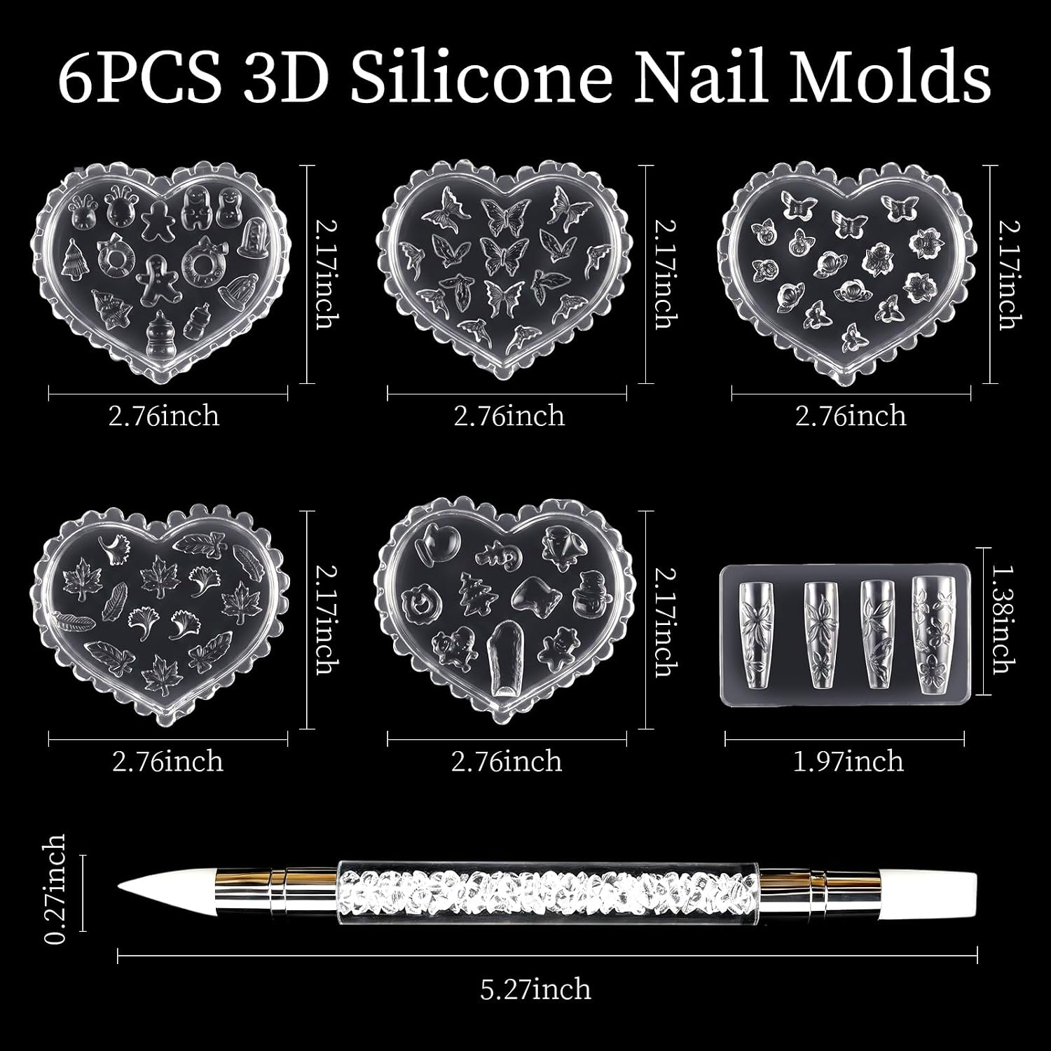 TADOPRO 6PCS Silicone Nail Molds, 3D Nail Art Molds with Carving Pen-Multiple Shapes Flower, Butterfly, Resin Nails Charm Mold Manicure Template for DIY Nail Decoration & Craft Accessories(01)