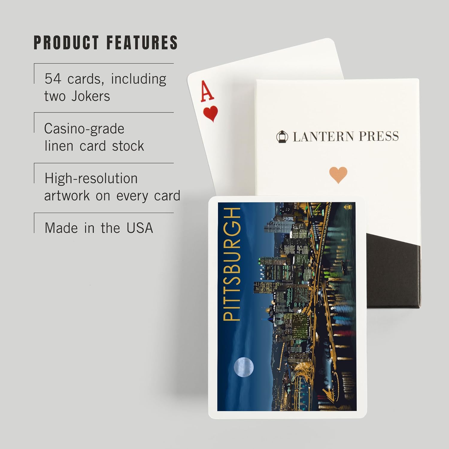 Lantern Press Pittsburgh, Pennsylvania, Skyline at Night, 52 Playing Cards for Adults, Poker Size Card Deck