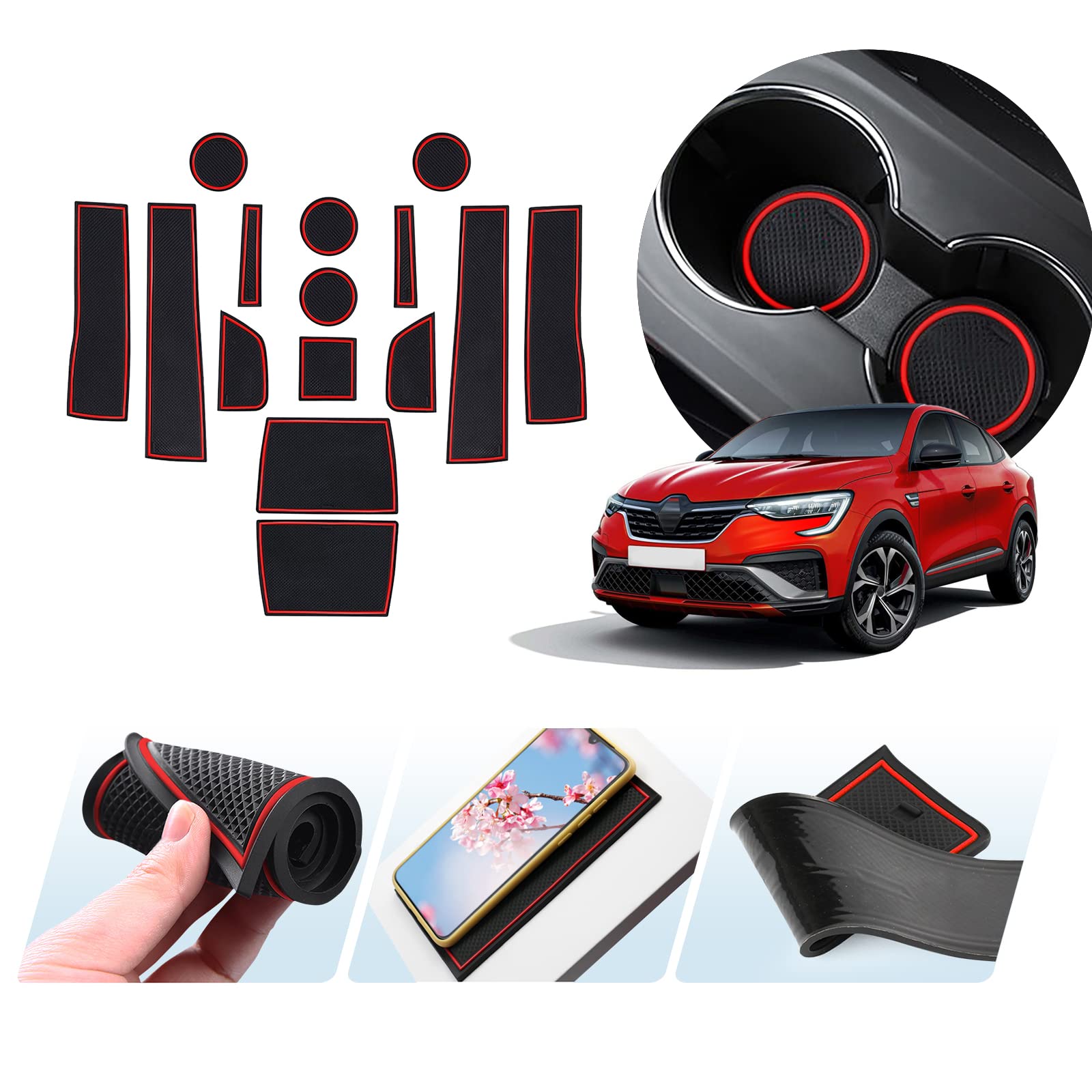 Set De Tapis Antidérapants Pour Renault Zoé 2020+ - 16 Pièces, Caoutchouc, Rouge