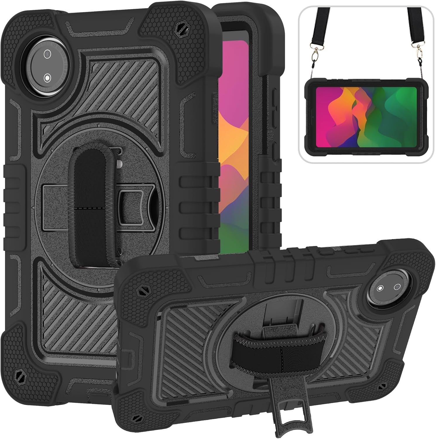 Tablet Case for Xiaomi Redmi Pad SE 8.7/Redmi Pad SE 4G in India, Tablet Shockproof Cover with 360° Rotating Stand and Wrist Strap, Shoulder Strap, Completely Black