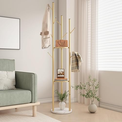 Miniatura 7 de TIEOU Perchero de metal, percheros dorados independientes con estantes y base de mármol, árbol de abrigo con 9 ganchos para bufandas, bolsas,