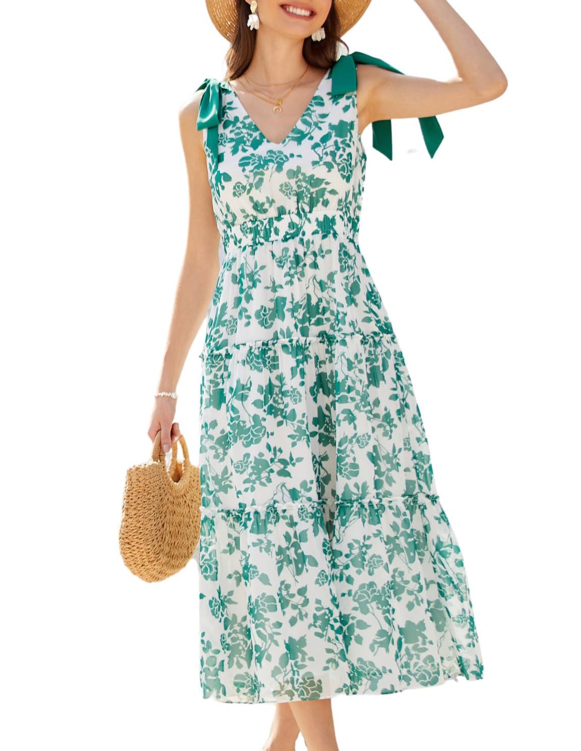 GRACE KARIN Vestido casual de verano para mujer, cuello en V, sin mangas, de gasa, floral, vestido mixi