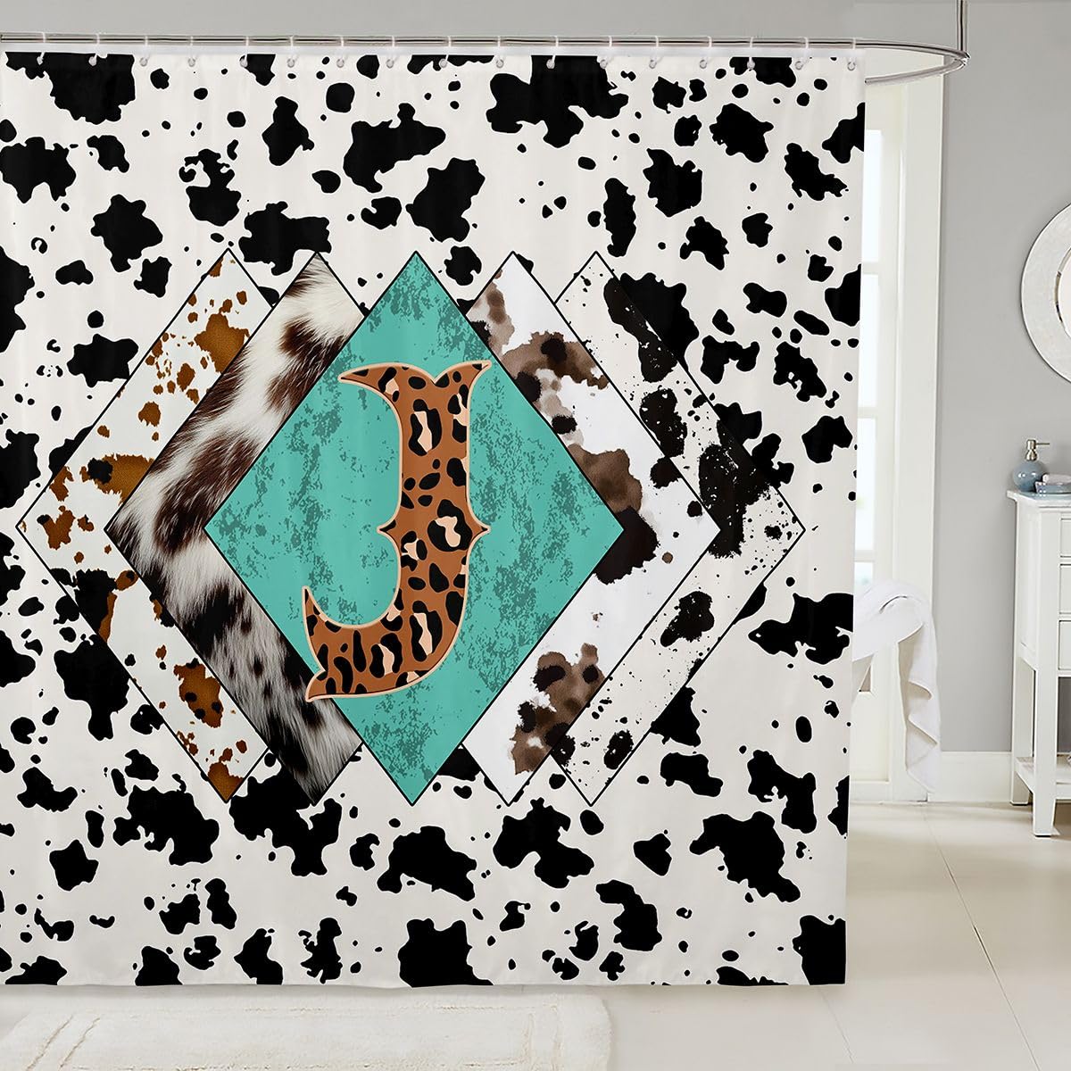 Rideau de douche lettre J taille L léopard monogramme alphabet imprimé cuir de vache rideau de bain pour adultes design rustique rétro rideaux de bain imperméables avec 12 crochets pour baignoire