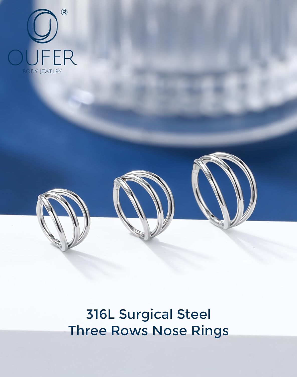 OUFER Nose Rings Hoops, 316L Surgical Steel Hinged Segment Nose Ring For Women, 20G Three Rows Hoop Cartialge Piercing, Inner Diameter 6/7/8MM Cartilage Rook Helix Lobe Tragus Earrings - Image 3