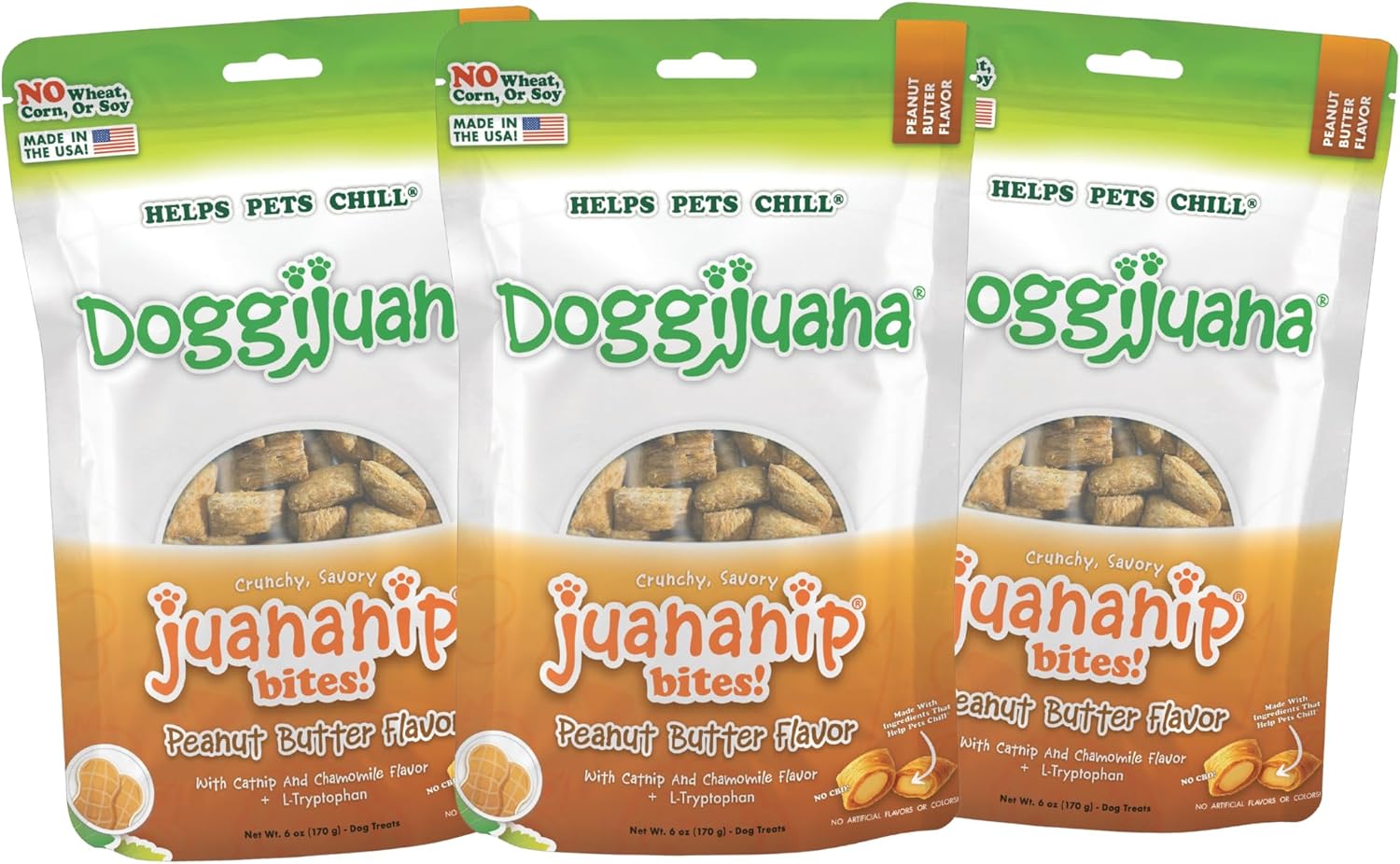 Doggijuana Treats for Dogs with Catnip, Chamomile & L-Tryptophan – Crunchy Reward Bites with Calming Botanicals – Low Calorie Natural Training Treats, 6 oz (Peanut Butter 3-Pack)