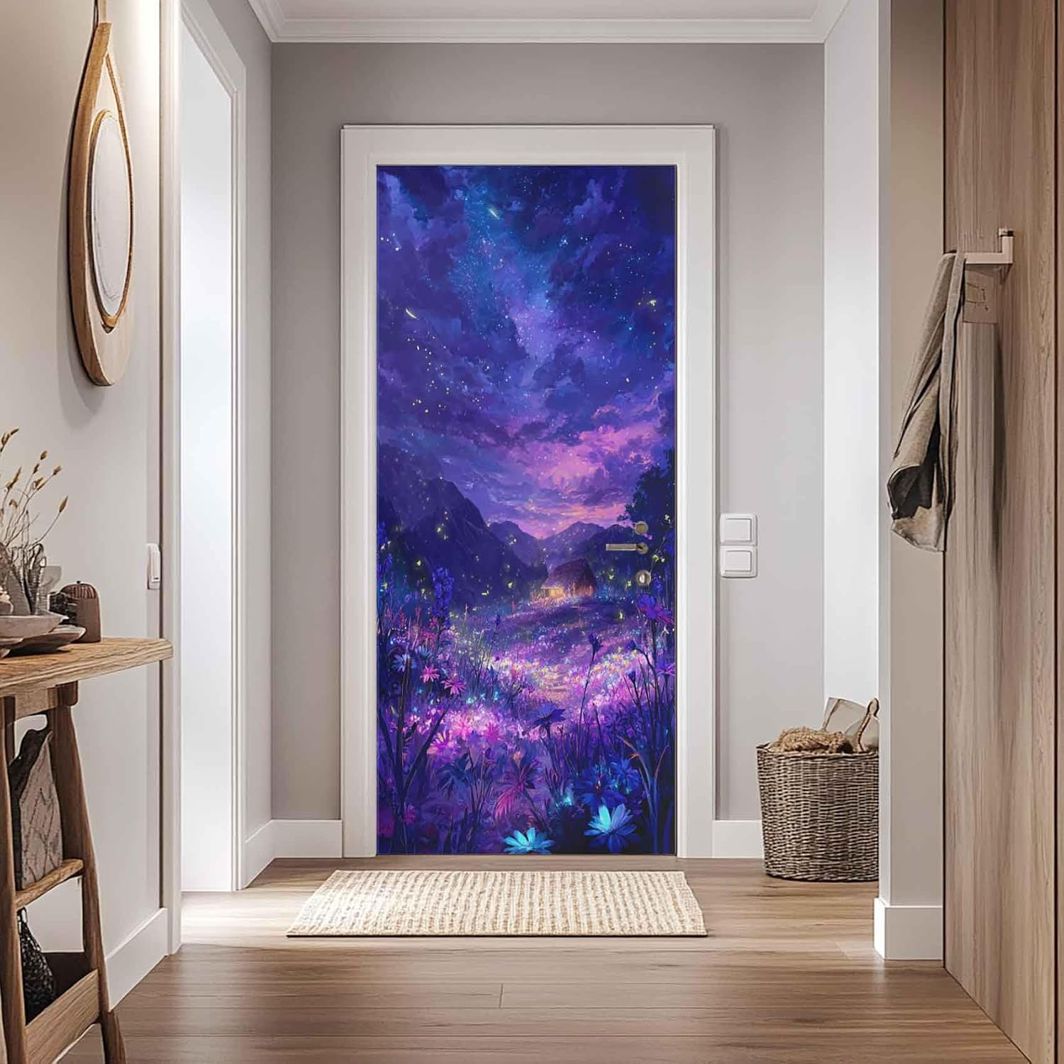 Mountain Door Sticker, Jungle Purple Flower Door Mural, Dreamy House Romantic Wallpaper Decor Peel and Stick PVC Decal Removable Self-Adhesive for Home Decor 30.3" W x 78.7" L