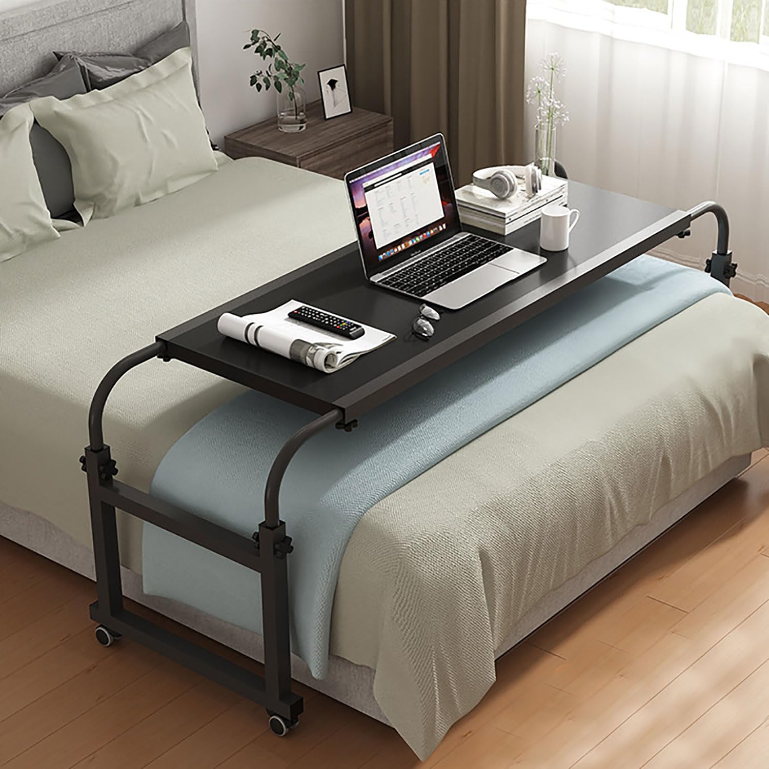 Funito Overbed Desk with Wheels - King/Queen Bed Laptop Table (Black)