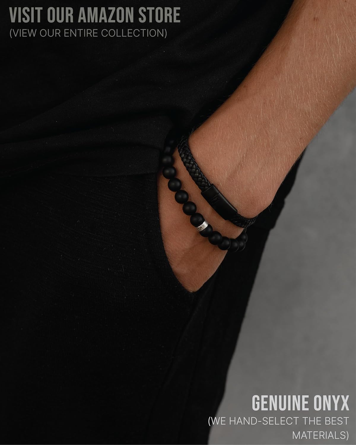 LUXAR Men’s Faceted 8mm Beaded Bracelets | Polished Black Onyx Elastic Beads For Men