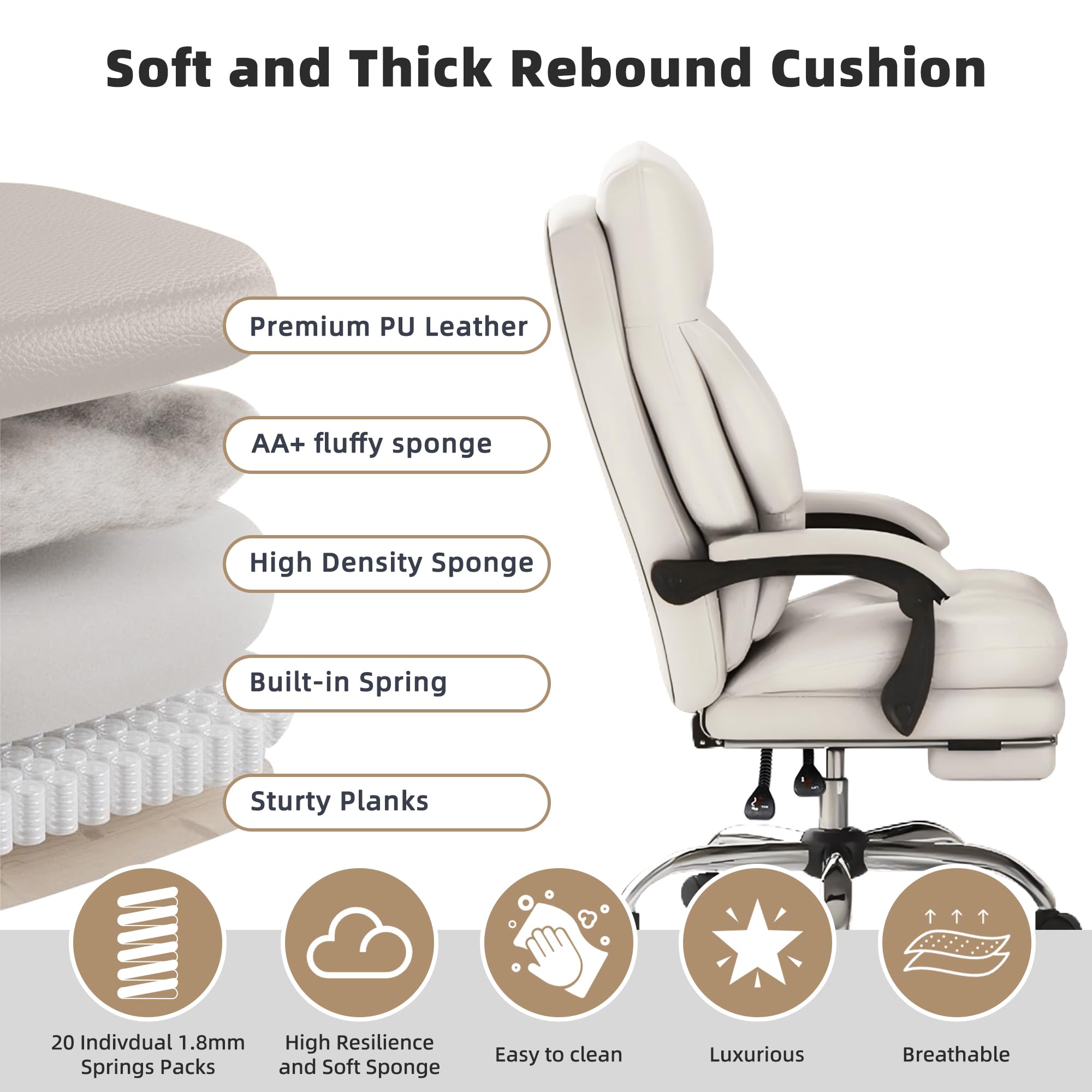 Home Office Desk Chair, 90°-160° Reclining, High Back Executive OfficeChair 400LBS with Footrest, Ergonomic Scratch-Resistant Faux Leather Computer Gaming Chair with Lumbar Support, White