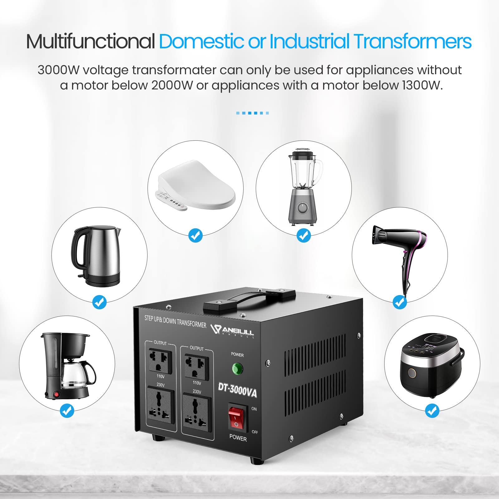 Anbull DT- 3000W Spannungswandler Ringkern-Transformator 230V⇋110V | automatische Auslösung bei Überlast Spannungswandler 110V auf 230V, Step up down Converter, stecker 230 auf 110v, 50-60Hz