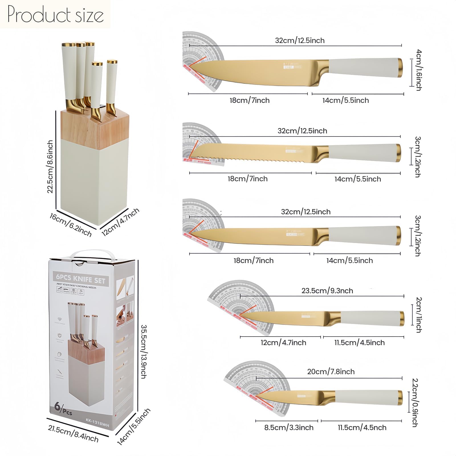 Justup Ensemble de couteaux, ensemble de 6 couteaux revêtus de titane avec bloc en bois rose, ensembles de couteaux de chef en acier inoxydable tranchants pour la cuisine, aiguiseur intégré (Blanc)