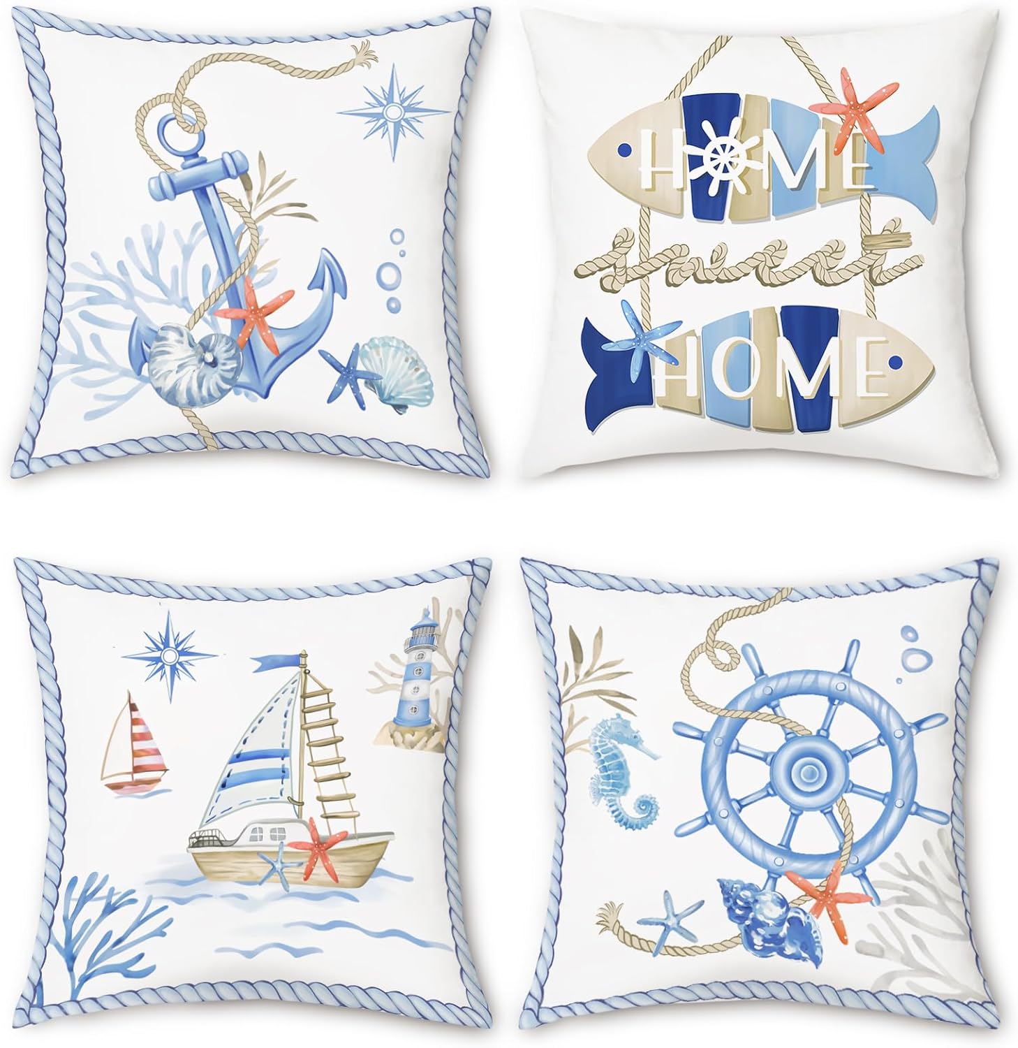 Bonhause Nautical Ocean Throw Pillow Covers 18 x 18 Inch Set of 4 Sailboat Anchor Rudder Farmhouse Decorative Pillows Soft Velvet Cushion Cases for Couch Sofa Bed Home Decor