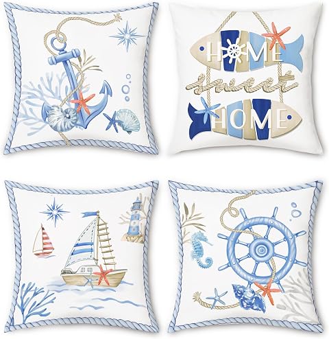 Bonhause Fundas Cojines Náutica Costera 45 x 45 cm Funda de Almohada Ancla Timón Barco Estrella de Mar Coral Marítimo Cojines Decorativos para Sofá Cama Hogar Juego de 4