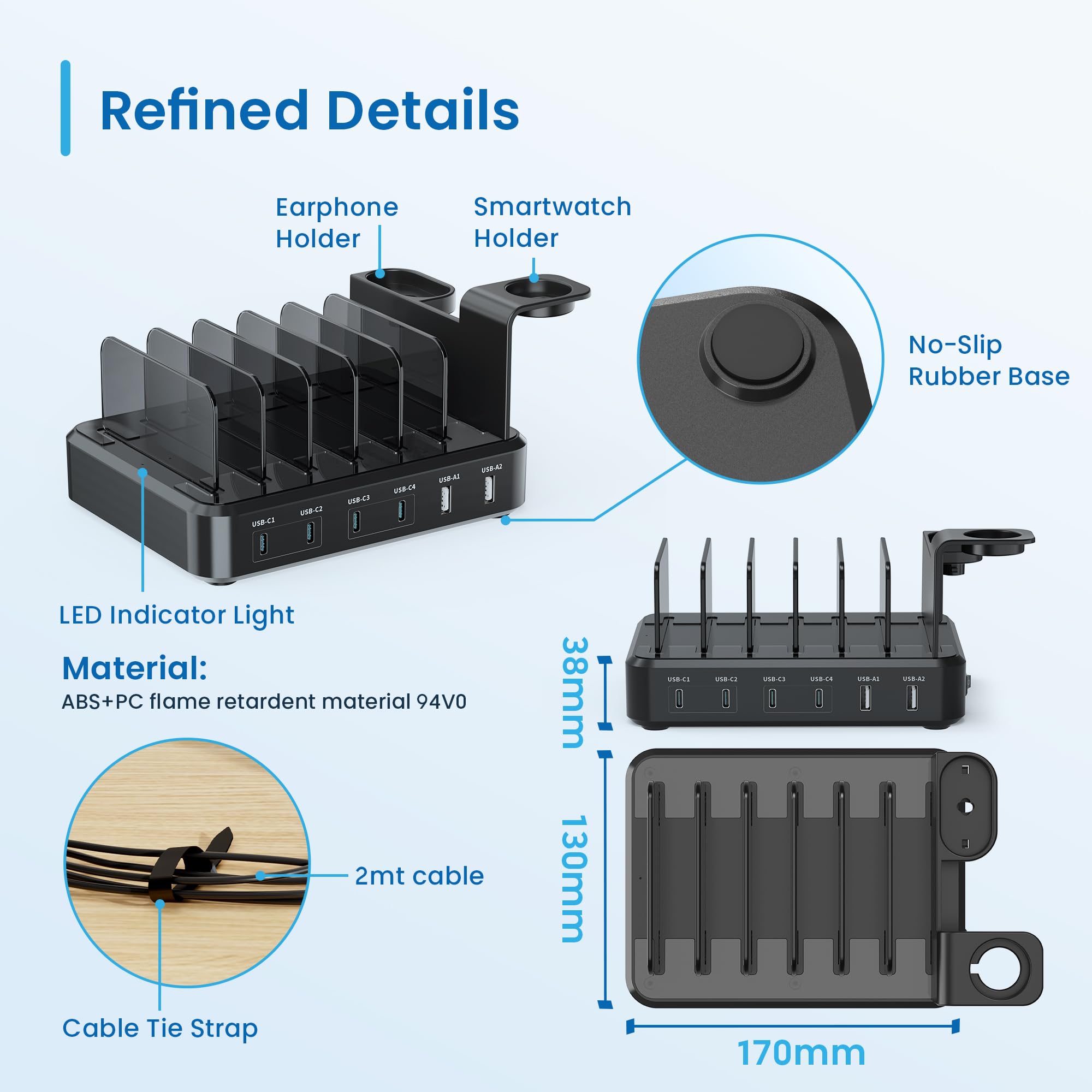 Ewent Estación de Carga Universal con 6 Puertos USB (4xUSB-C 65W + 2xUSB-A), Enchufe Europlug 130 W, con Soporte para SmartWatch y Auriculares, para Smartphone/Tablet/Portátil, Carga Rápida PD3.0/QC3.
