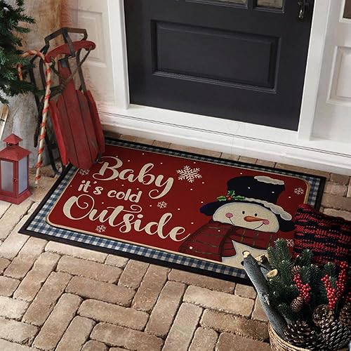 Miniatura 2 de Tapete de bienvenida de Navidad de 17 x 29 pulgadas, tapete decorativo para exteriores con diseño de muñeco de nieve de invierno, DM099
