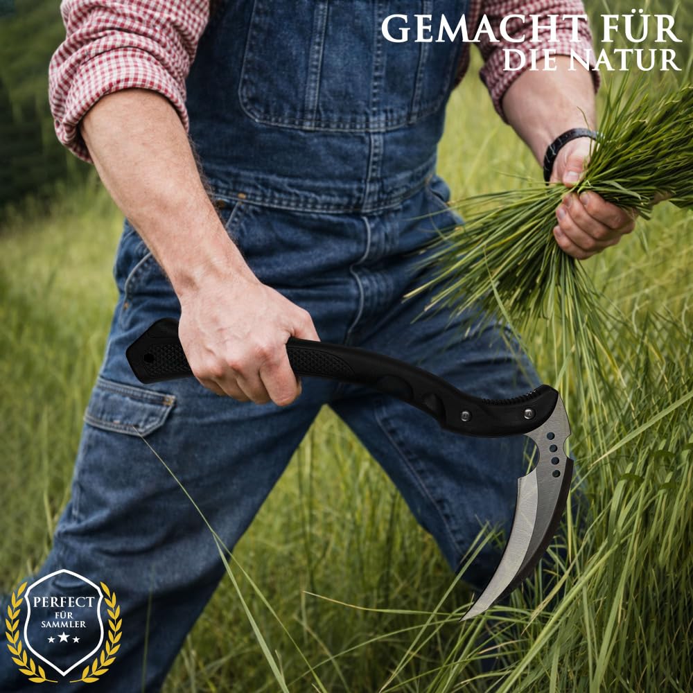 Outdoor Kama Sichel 40 cm – Bushcraft Gartenwerkzeug mit 3Cr13 Edelstahlklinge – Japanische Sichel für Gartenarbeit, Camping, Survival & Outdoor Einsätze