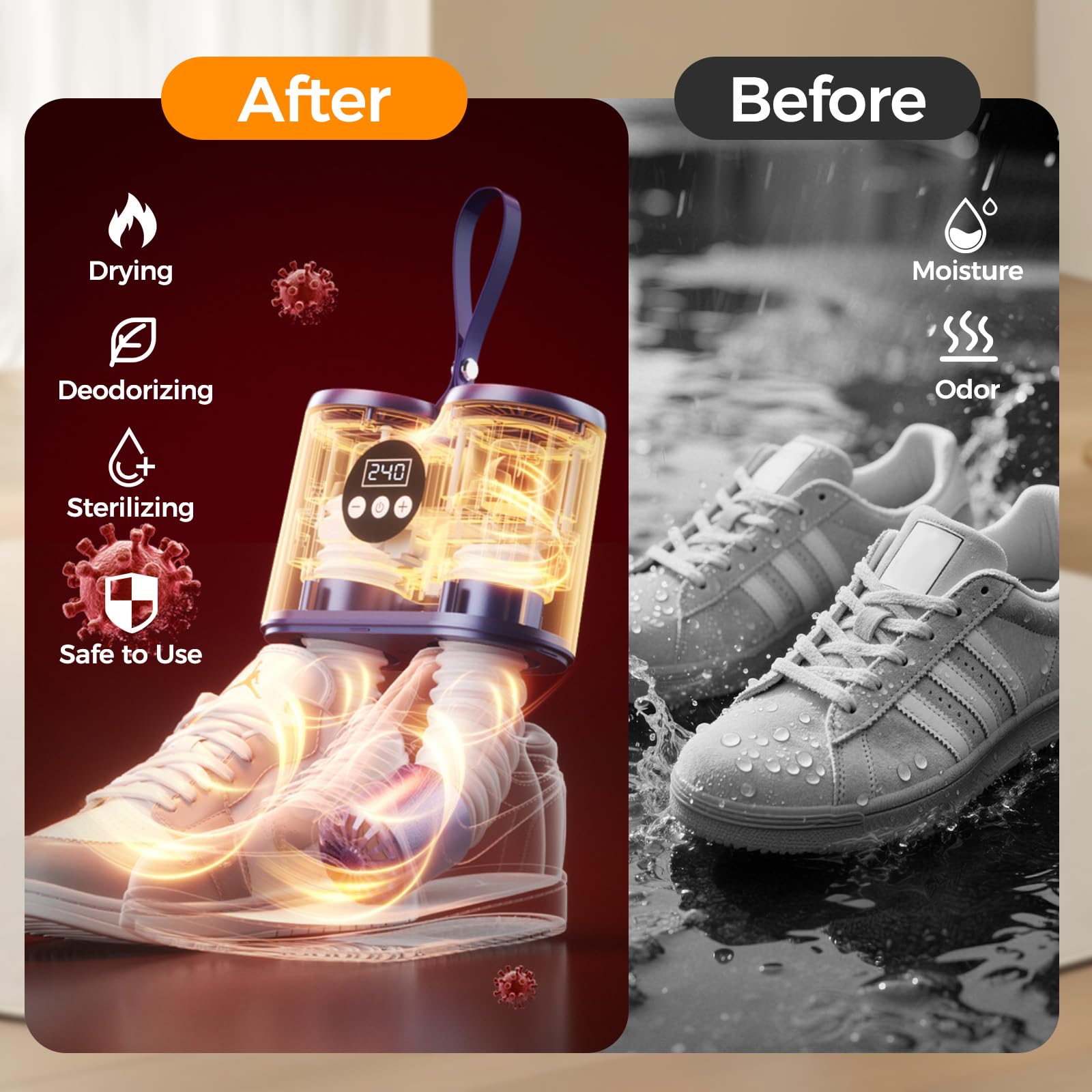 Sèche-chaussures électrique avec minuterie et tuyaux extensibles pour sécher les chaussures, gants, chaussettes et bottes de travail, élimine efficacement les odeurs