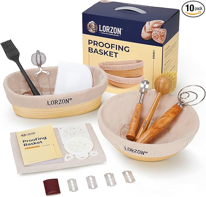 Banneton Proofing Basket Set of 2, 10 Inch Round & Oval Cane Bread Proofing Baskets with Sourdough Bread Baking Supplies, Bread Making Kit