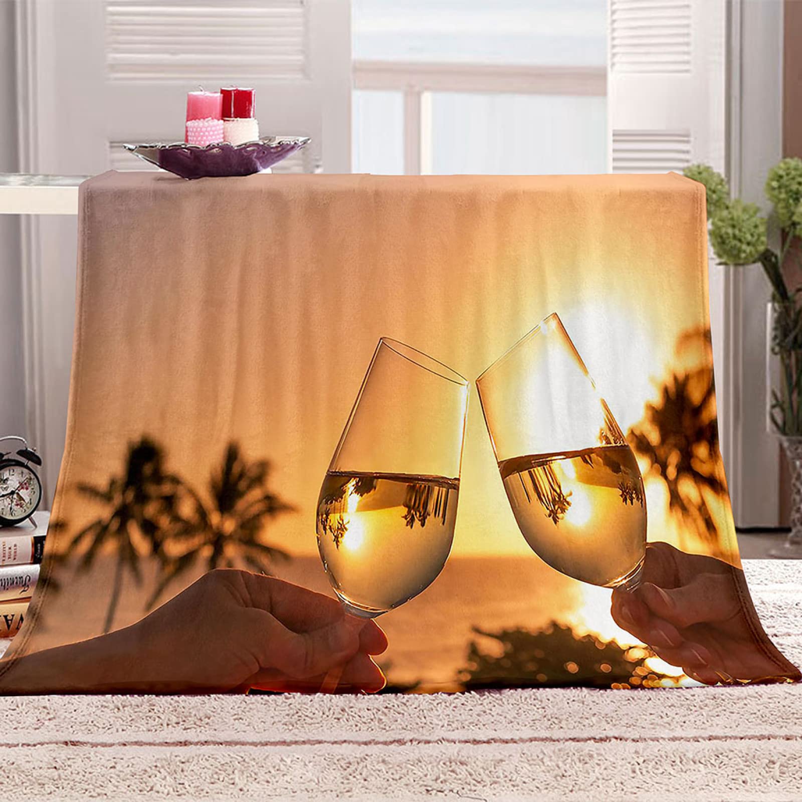 Couverture personnalisée flanelle au design coucher de soleil doré, finition haut de gamme 3D