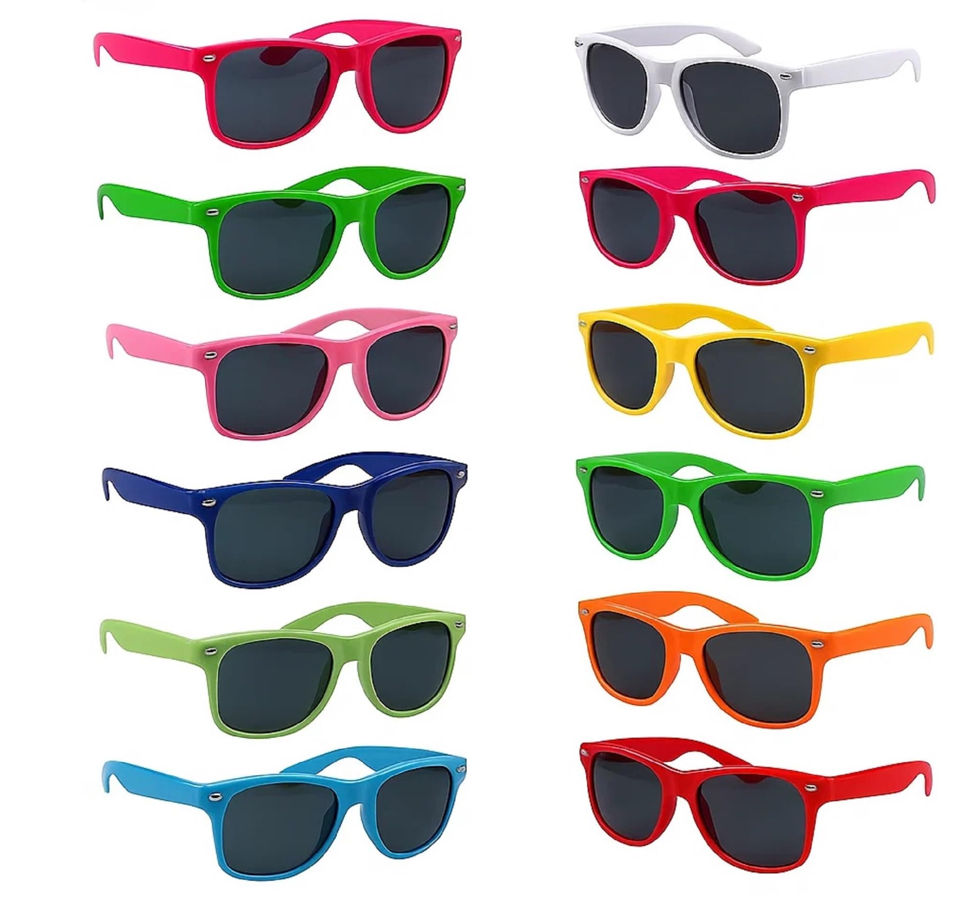 TheGag Bulk Sunglasses 24 Pack 12 Bright Solid Colors Neon Sunglasses Party Favors Party Pack Adults Kids Birthday Beach Pool Summer Party Goody Bag Fillers Sets Boys Girls Teens Adults 80's Style
