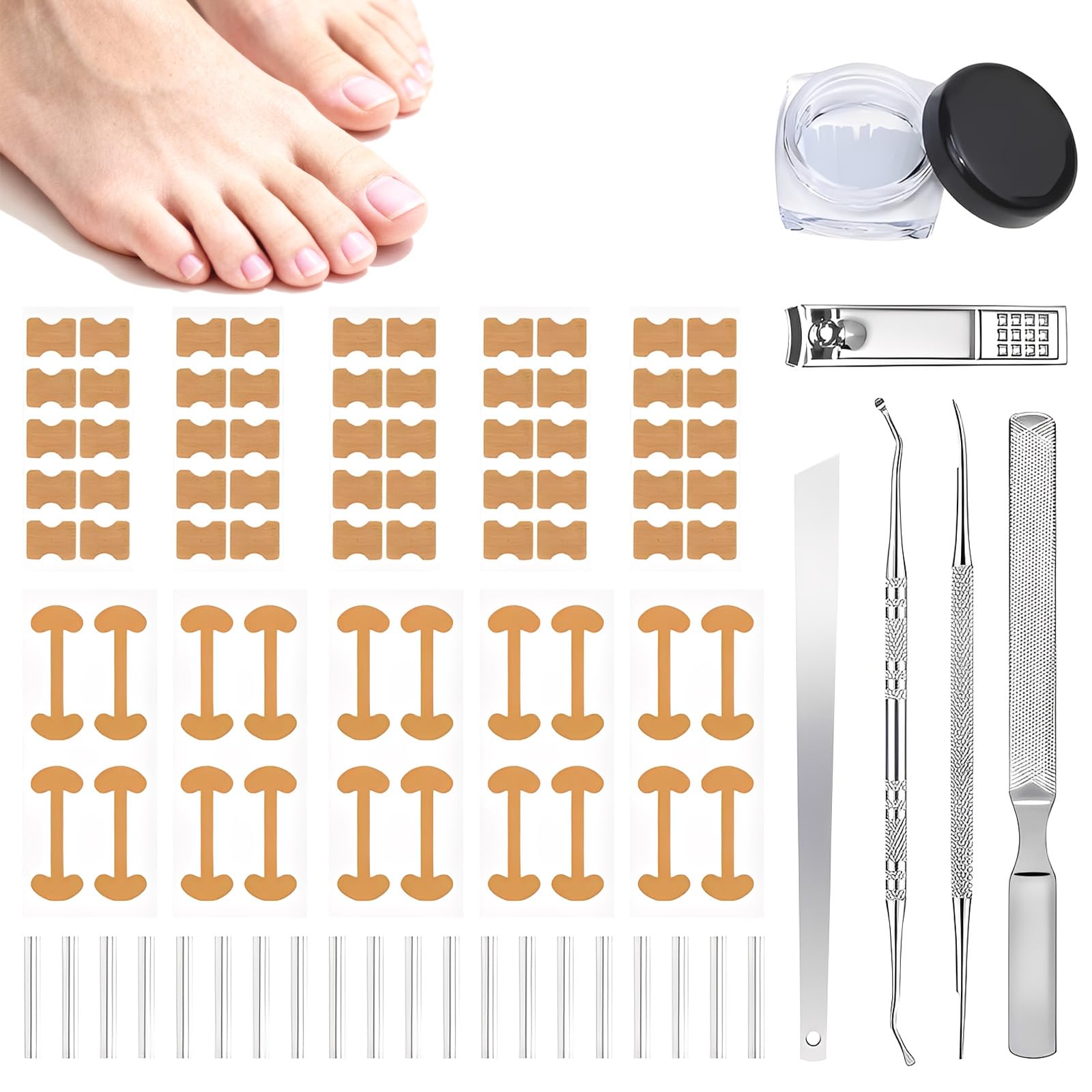 Ingrown Toenail Corrector Set with Correction Strips, Professional Toenail Tool Kit Includes Breathable Toenail Strips, Ingrown Toenails Pedicure Tool Set for Home Use (Silvery)