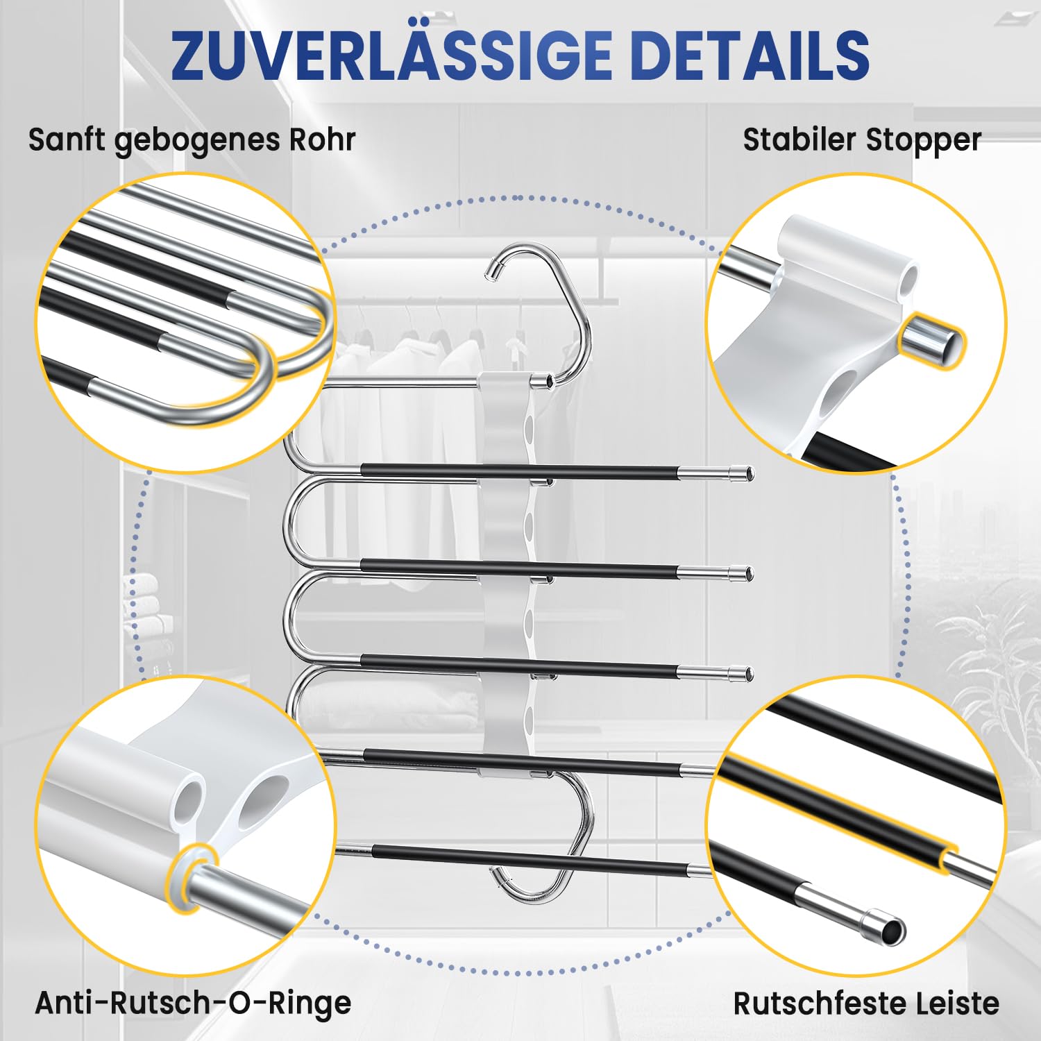 DAMITA Hosenbügel 5-in-1 Weiß - Platzsparende Kleiderbügel Für Schrank Organisation