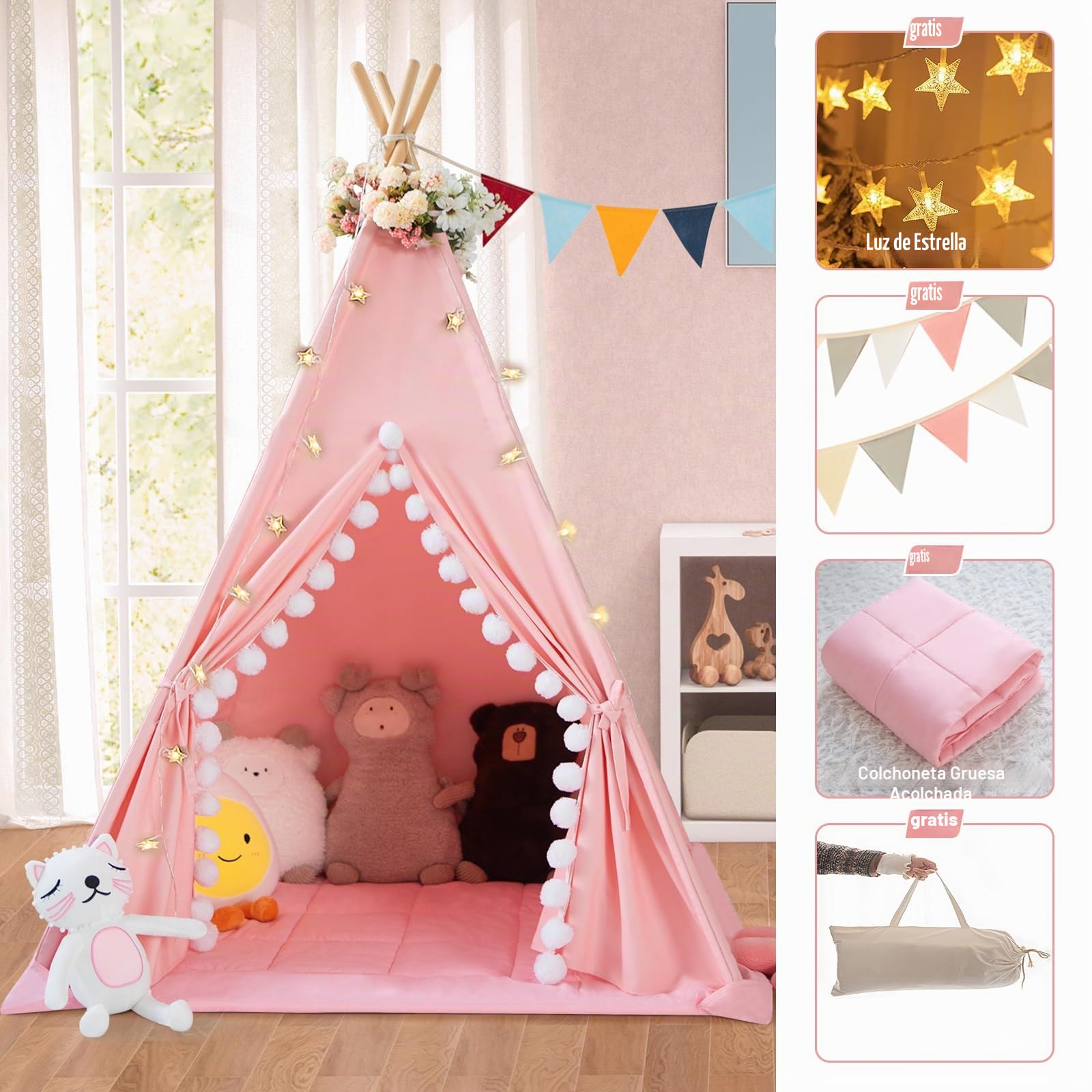WIRHAO Tienda de campaña tipi para niños con alfombrilla acolchada, lona de algodón, tienda de campaña para pequeños con pompones y luces de estrellas, bolsa de transporte