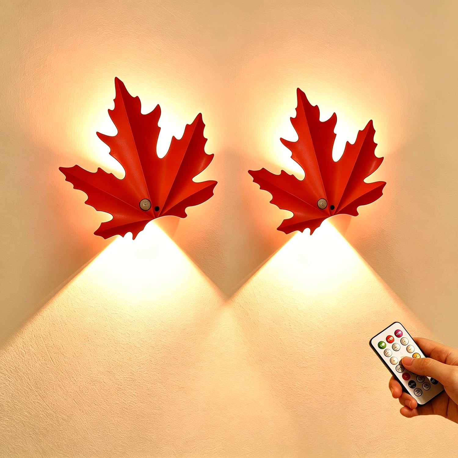 LED Nachtlicht mit Bewegungsmelder Akku Innen Wandlampe Kabellos Ahornblätter Design, 3000K Fernbedienung Dimmbar 3 Modi Wandleuchte Ohne Stromanschluss, USB Aufladbar Magnetisch Treppenlicht,2pack
