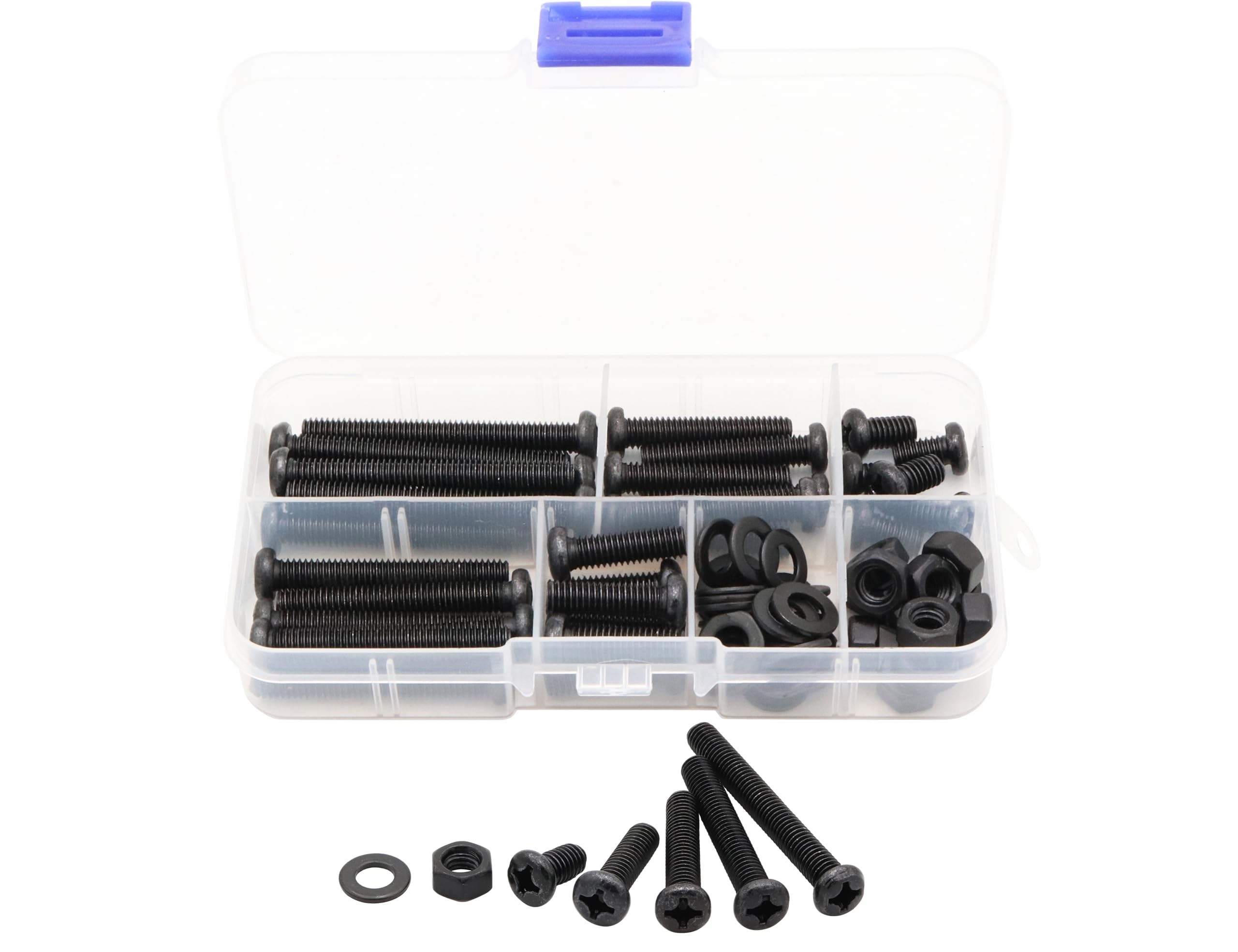 LBY 100pcs M6 Machine Screws(Truss Head), Phillips Pan Head Bolts Nuts Flat Washers, Carbon Steel, Blackening