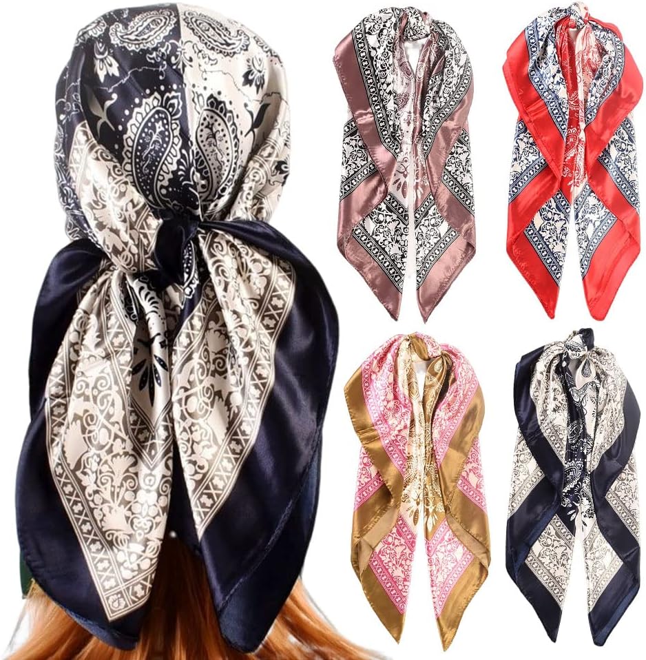 upeilxd 4Pcs Silk Head Scarves for Women Satin Hair Scarf 35”Large Square Bandana Silk Like Neck Scarf Shawl