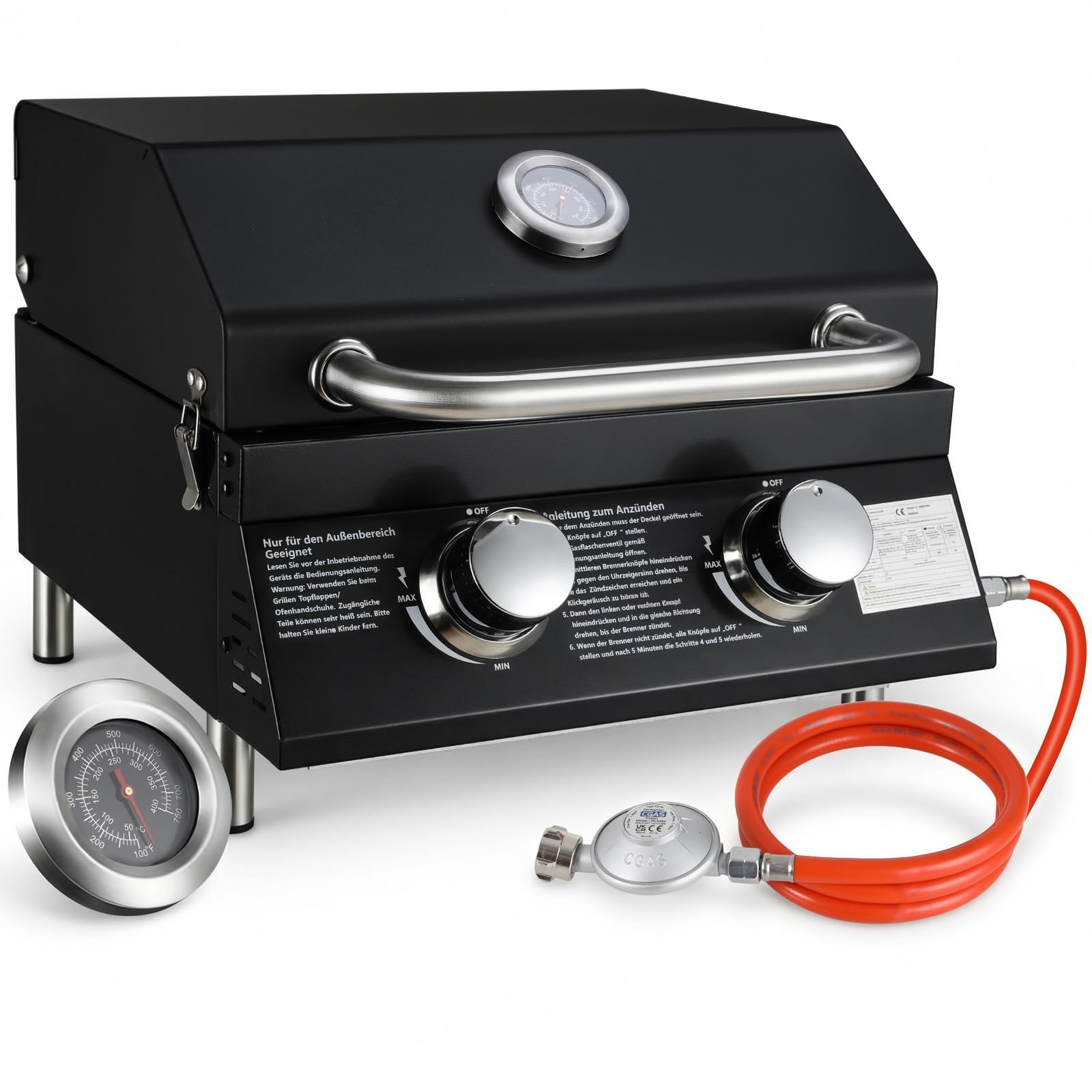 TLSUNNY 2 Brenner Gasgrill Klein, Tragbarer Tischgasgrill Kompakt mit Emaillierter Grillrost, Thermometer, Camping Gasgrill für BBQ, Balkon, Garten, 4.4kW, 42x33 cm Grillfläche, 4 PCS Füße, Schwarz