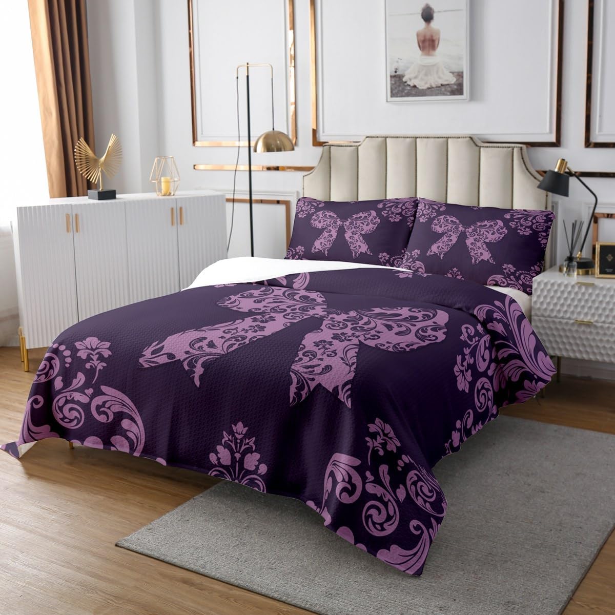 Erosebridal Adults Purple Damask Quilt Set Queen Size Luxury Gothic Bowknot Bedspread Set for Kids Boys Girls Baroque Flower Bow Princess Bedspread Sets Vintage Coquette Floral Bow-Tie Coverlet Set