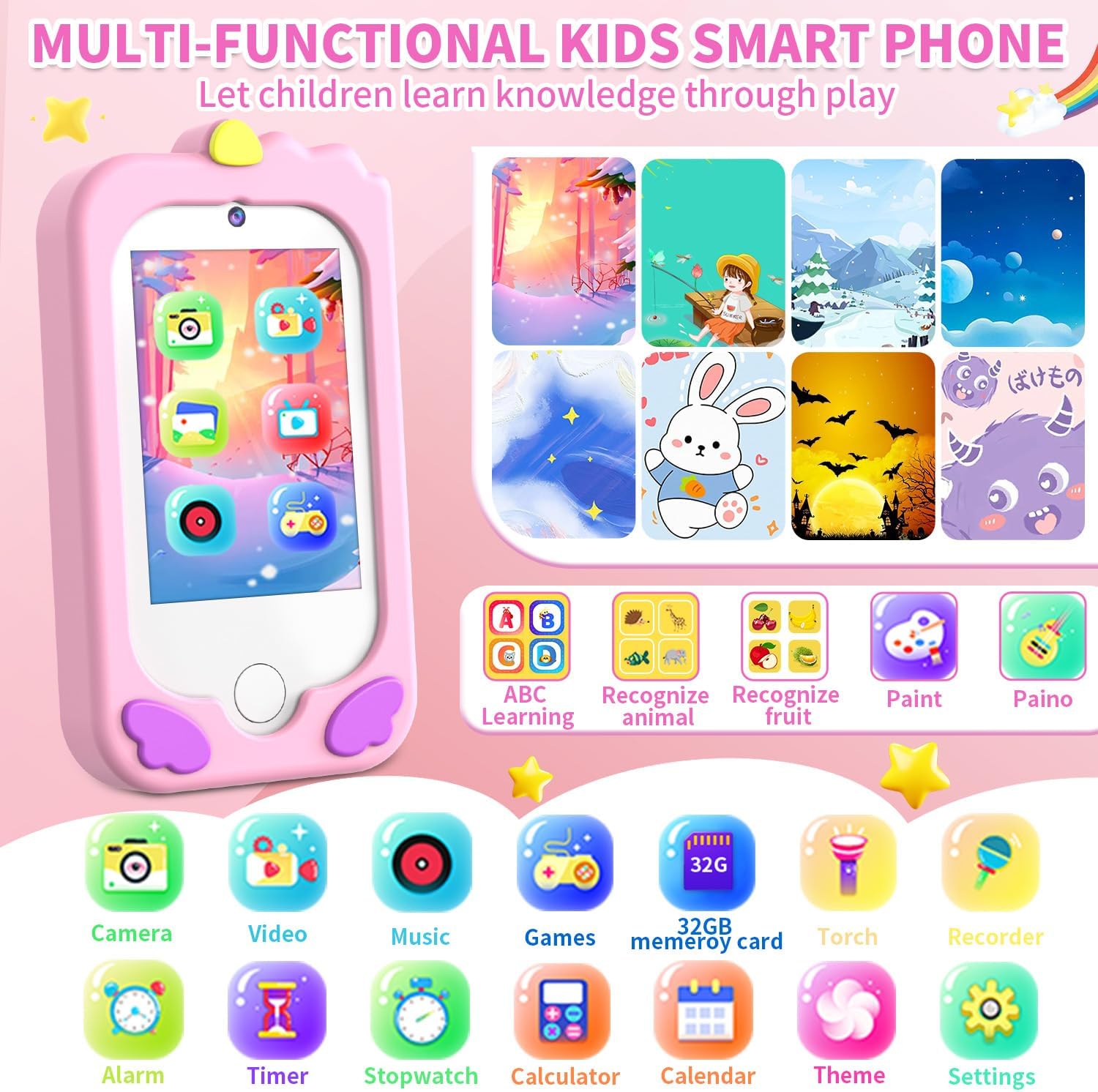 Kids Smart Phone for Girls, Kids Cell Phone Toy with 2.8” Touchscreen | Dual Cameras | Learning | MP3| 32 GB Card | Audiobooks,Toddler Play Phone Christmas Birthday Gift for Age 3 4 5 6 7 Year Old