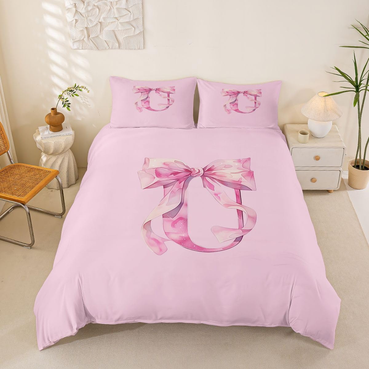 jejeloiu Personalized Initial Z Duvet Cover Toddler Size Pink Glitter Bow Bedding Set for Boys Girls Princess Style Bowknot Comforter Cover Bedroom Decor 2Pcs No Comforter