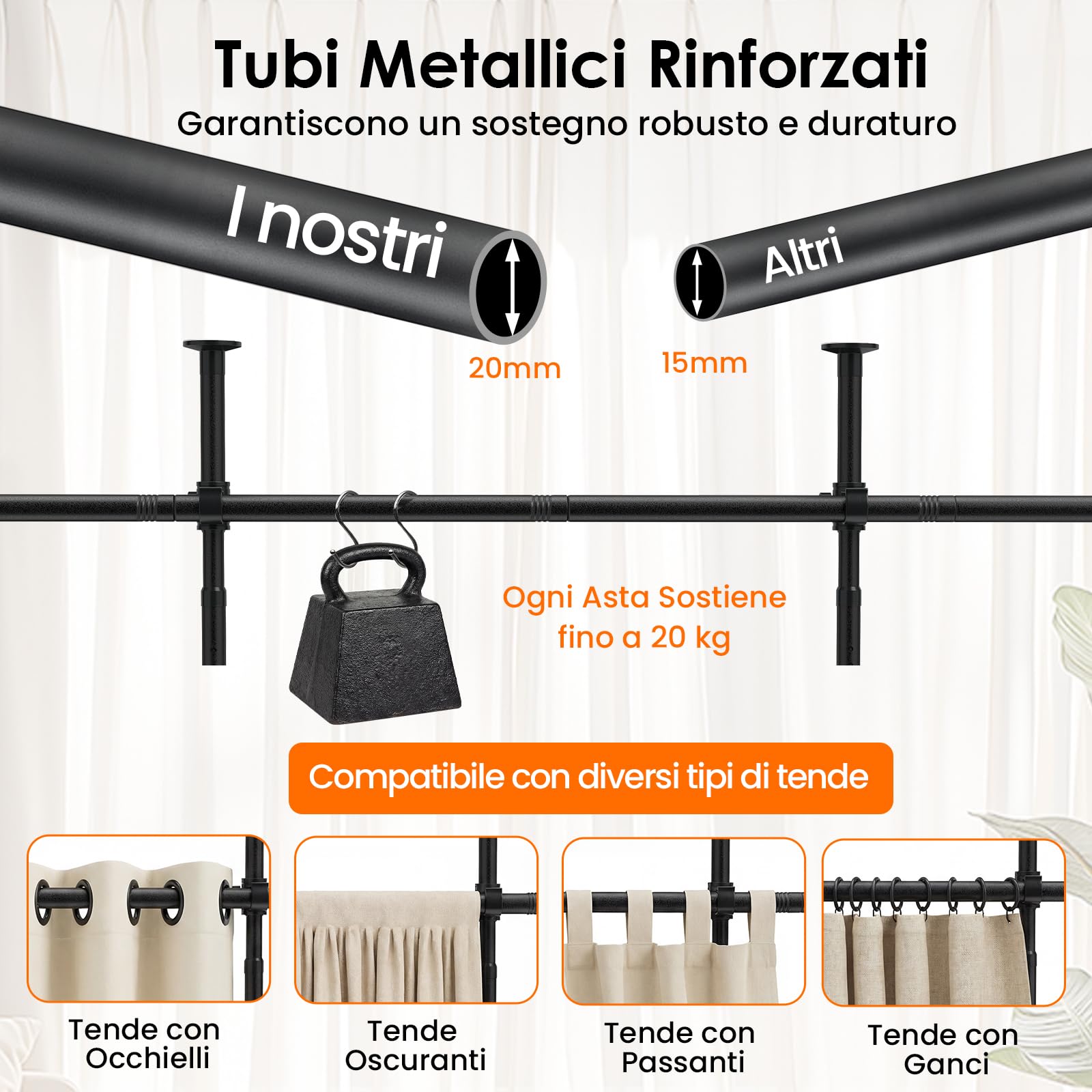 COSTWAY Tenda Divisoria Senza Trapano, Parete Divisoria per Interni con Asta Regolabile 120-314 cm(A) 73-360 cm(L), Bastoni Tende in Metallo per Soggiorno, Camera da Letto e Balcone (stile 2 Nero)