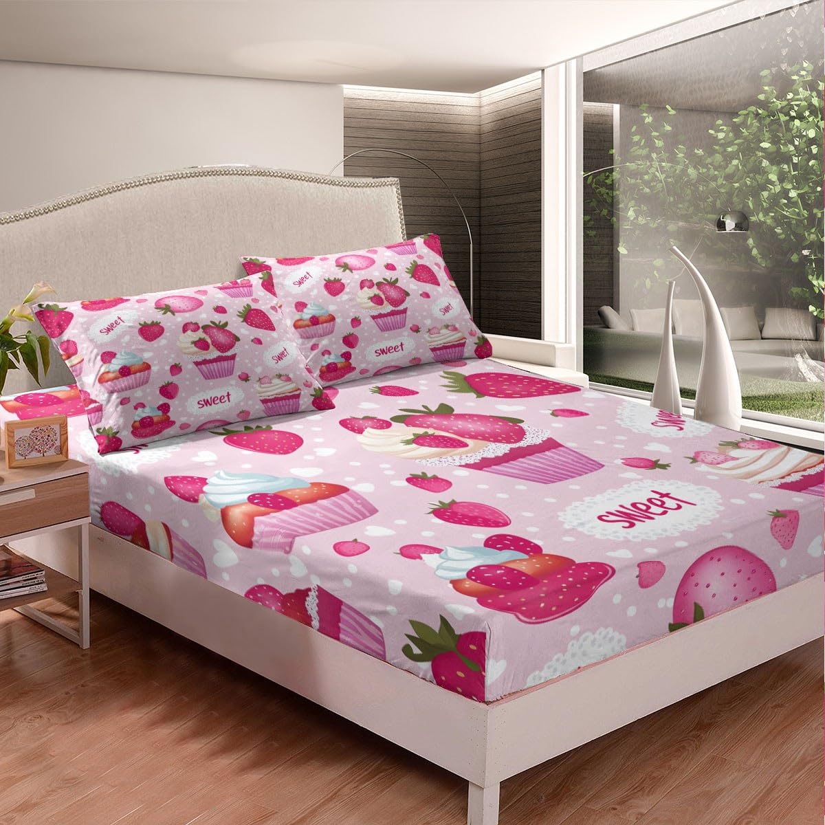 Homewish Pink Purple Strawberry Bed Sheets Queen Size,Fruits Cupcake Bedding Set,Sweet Dessert Cake Theme Fitted Sheet for Kids Girls Boys Teens Room Decor,White Pink Polka Dot Top Flat Sheet 4Pcs